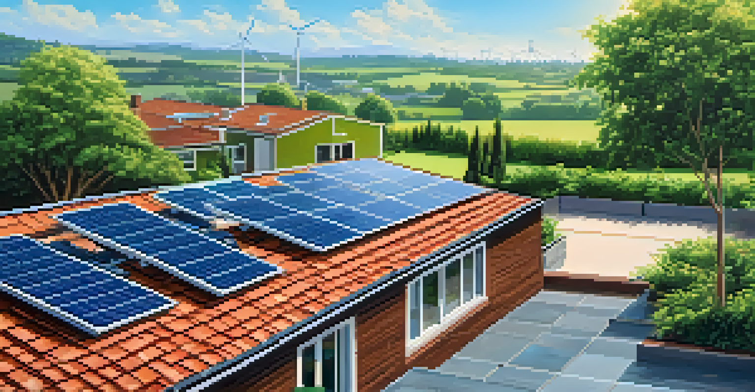 An outdoor solar panel installation featuring solar panels on rooftops and in a garden with clear blue skies.