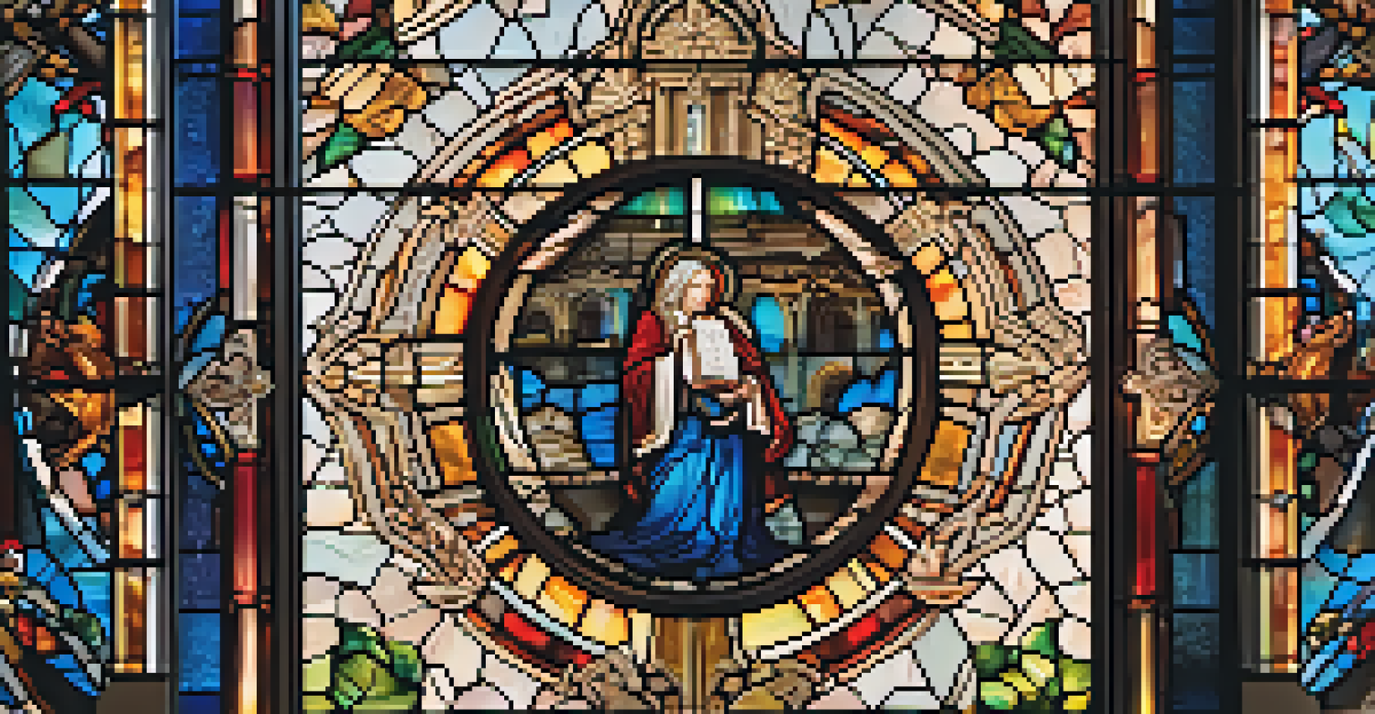 A close-up view of a stained glass window in a Pasadena church, showcasing intricate patterns and vibrant colors with sunlight filtering through.