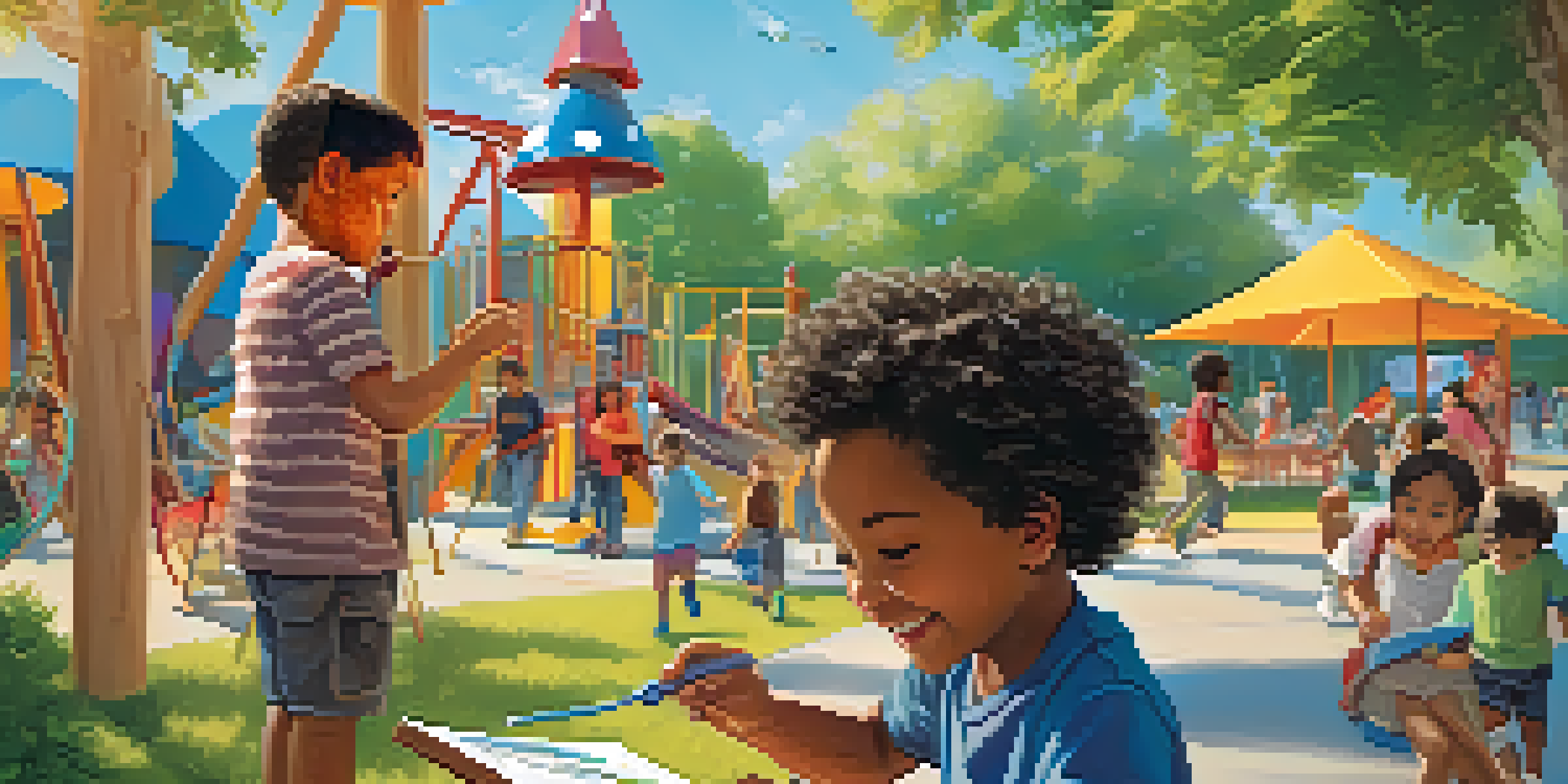 Children exploring the Kidspace Museum's outdoor area, engaged with nature and play structures under a bright blue sky.