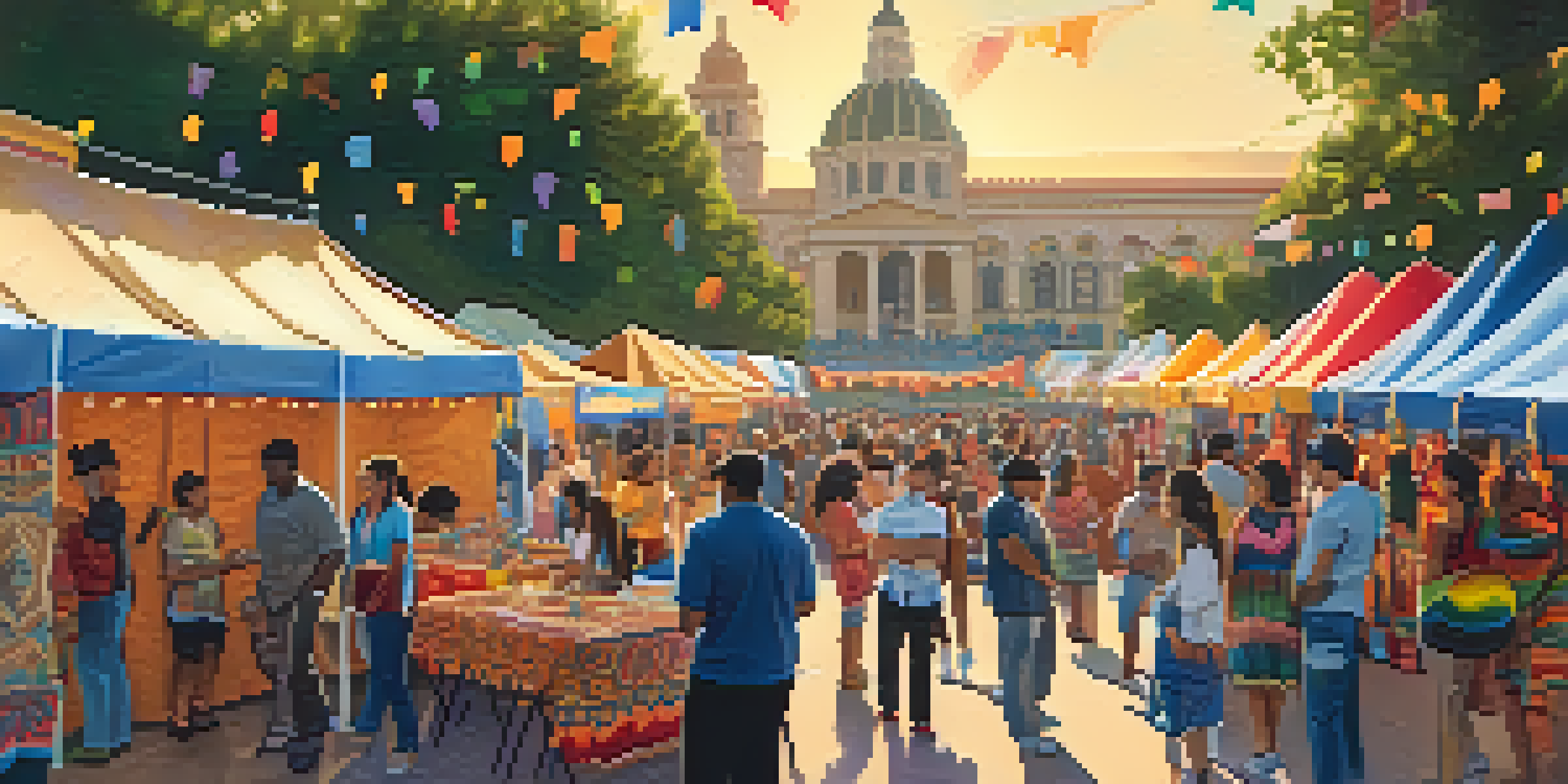 A lively community festival in Pasadena with diverse people celebrating, colorful booths, and historic buildings in the background during sunset.