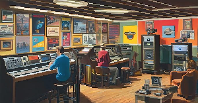 A lively community radio station filled with colorful posters, vintage radio equipment, and diverse people discussing around a table in warm light.