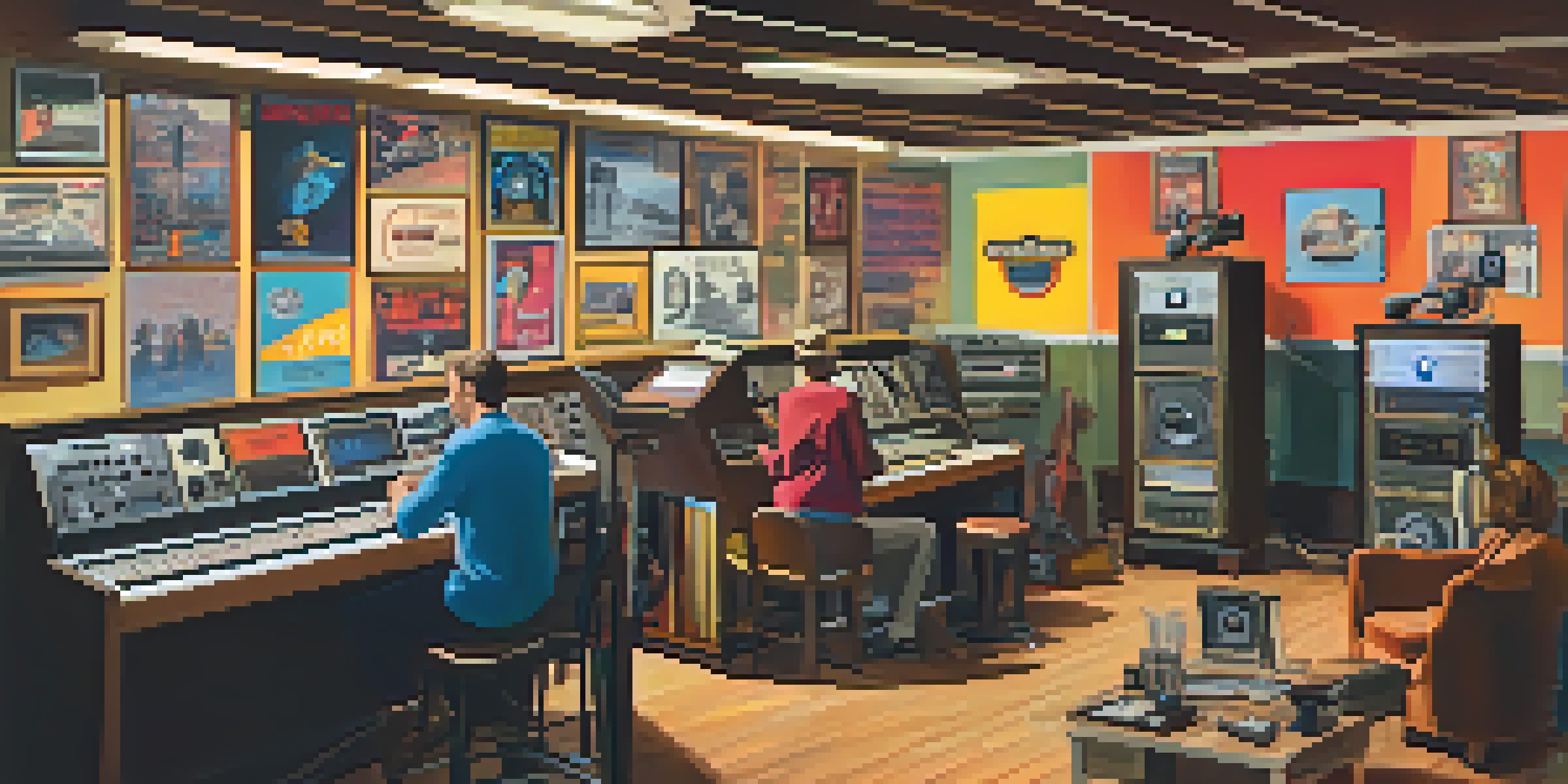 A lively community radio station filled with colorful posters, vintage radio equipment, and diverse people discussing around a table in warm light.