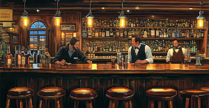 A warm and inviting bar with rustic decor, featuring bartenders serving artisanal cocktails to patrons at wooden tables, with a whiskey selection in the background.