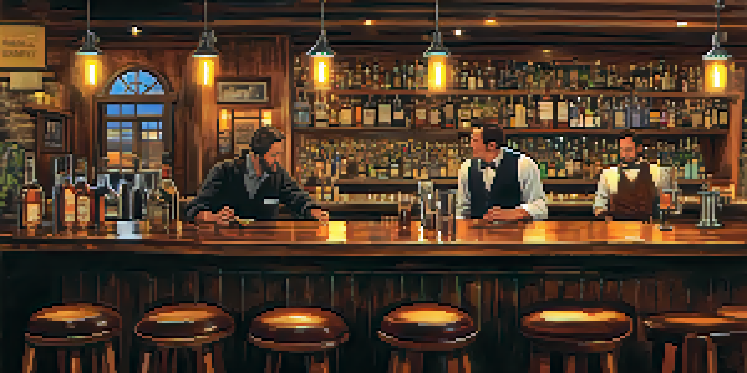 A warm and inviting bar with rustic decor, featuring bartenders serving artisanal cocktails to patrons at wooden tables, with a whiskey selection in the background.