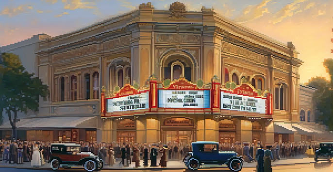 A historical scene of the Orpheum Theatre in Pasadena, with excited crowds in vintage clothing and classic cars, illuminated by a golden sunset.