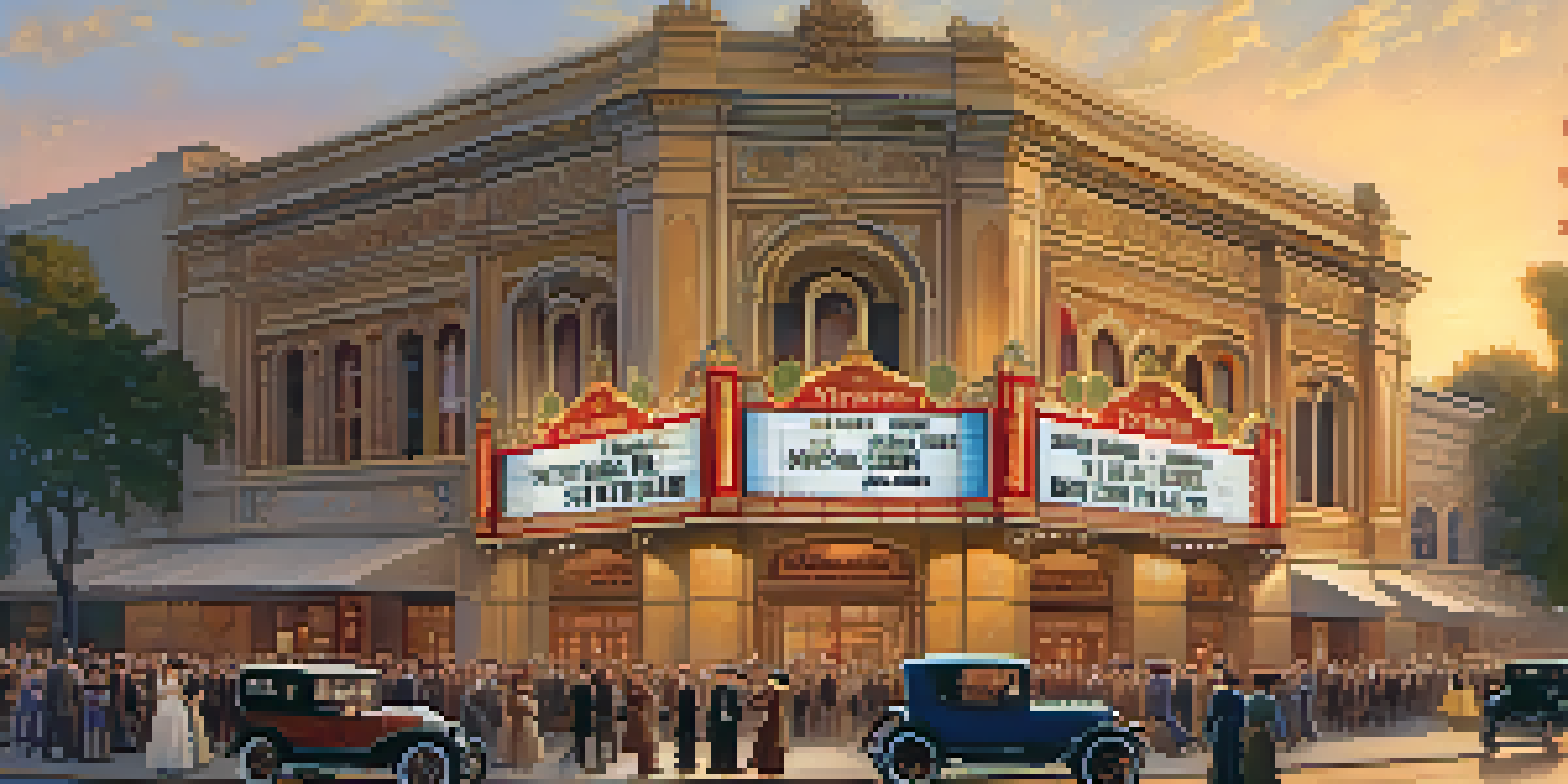 A historical scene of the Orpheum Theatre in Pasadena, with excited crowds in vintage clothing and classic cars, illuminated by a golden sunset.
