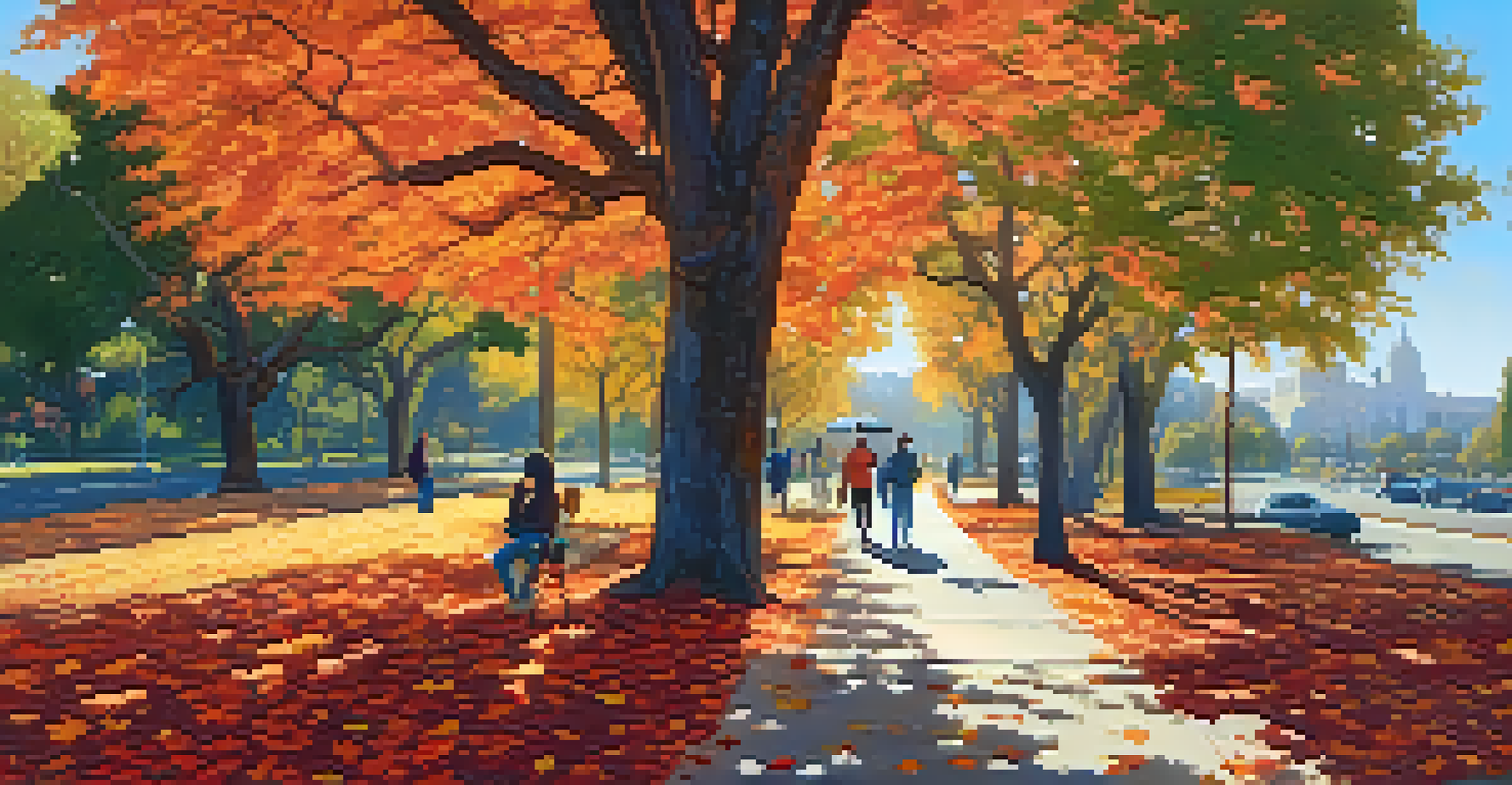 A scenic autumn view of Pasadena's urban forest with colorful foliage and a couple walking along a leaf-covered path.