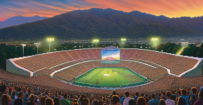 A large outdoor concert at the Rose Bowl stadium with a crowd and mountains in the background.