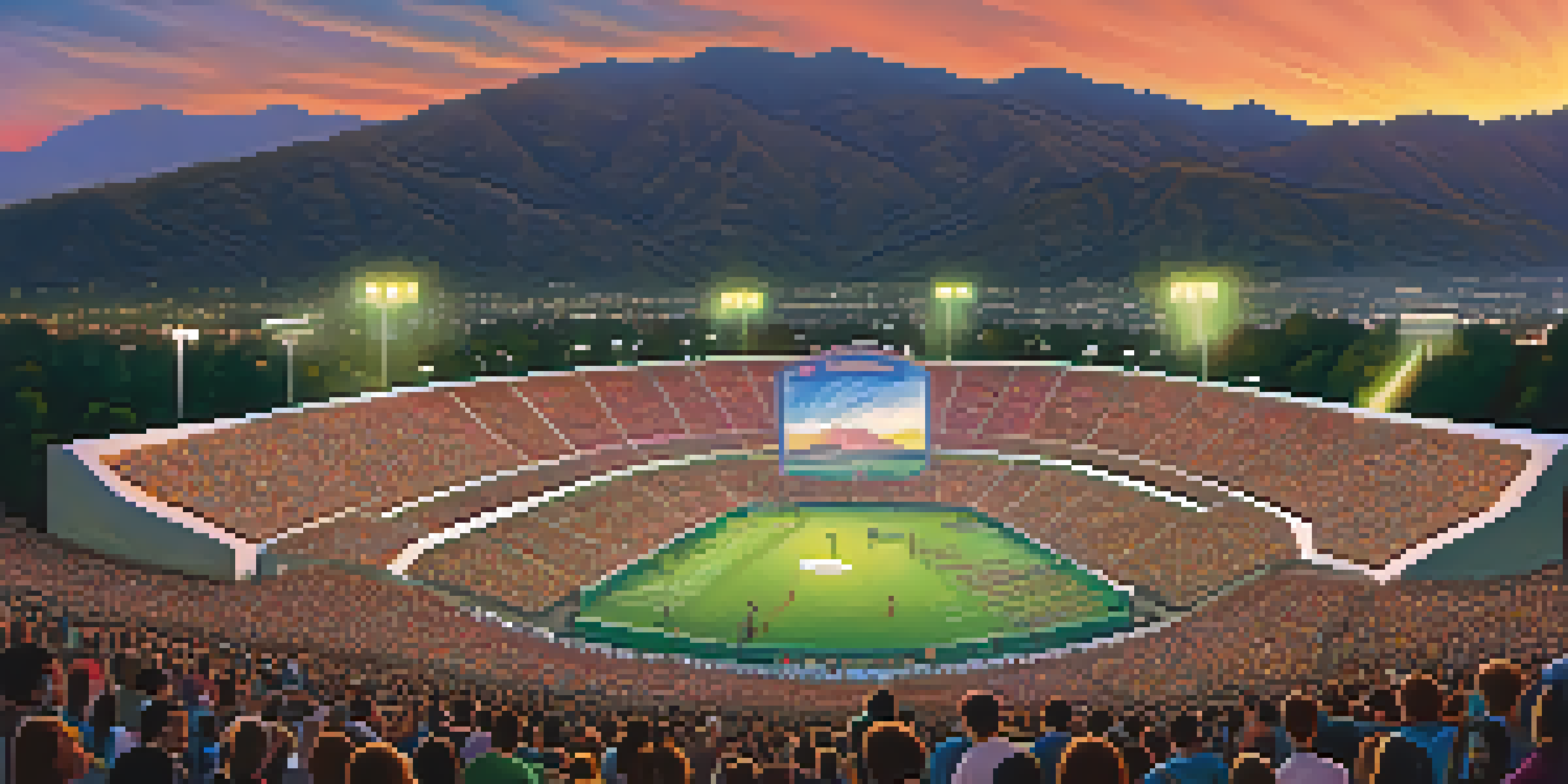 A large outdoor concert at the Rose Bowl stadium with a crowd and mountains in the background.