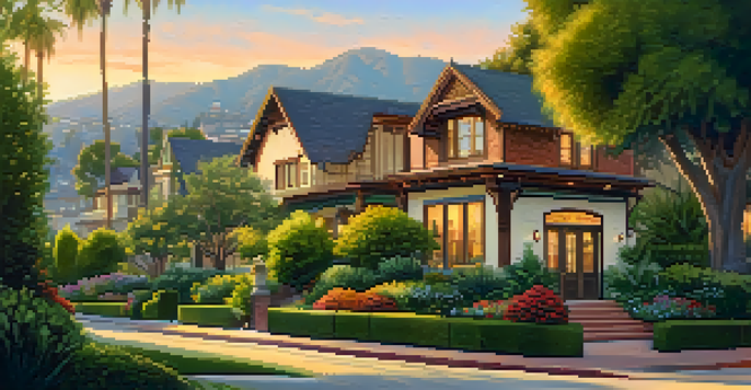 A scenic street in Pasadena's Historic Highlands featuring beautiful historic homes with lush greenery and colorful flowers.