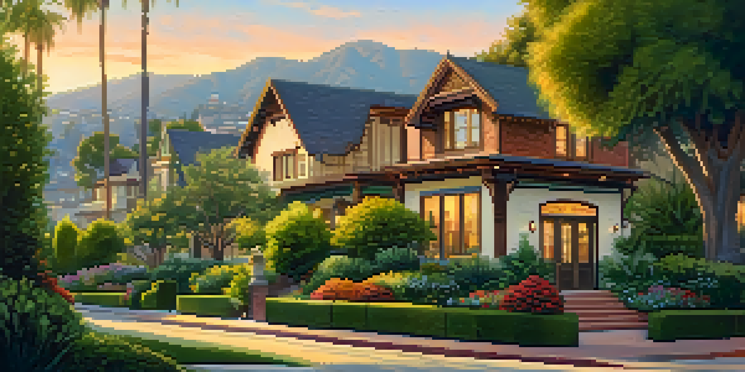 A scenic street in Pasadena's Historic Highlands featuring beautiful historic homes with lush greenery and colorful flowers.