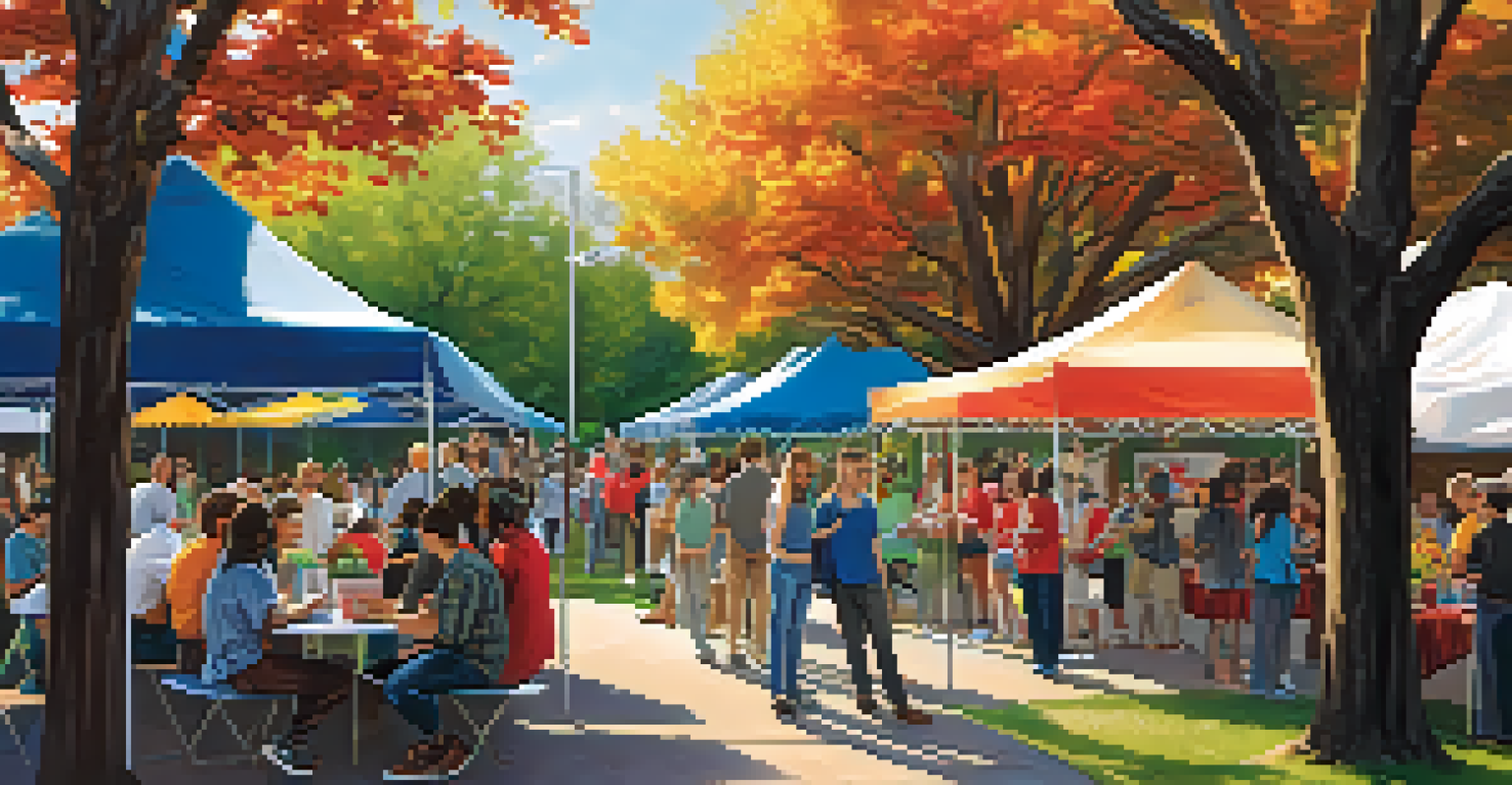 A lively outdoor community event with founders and students engaging with local residents, colorful banners, and shaded trees.