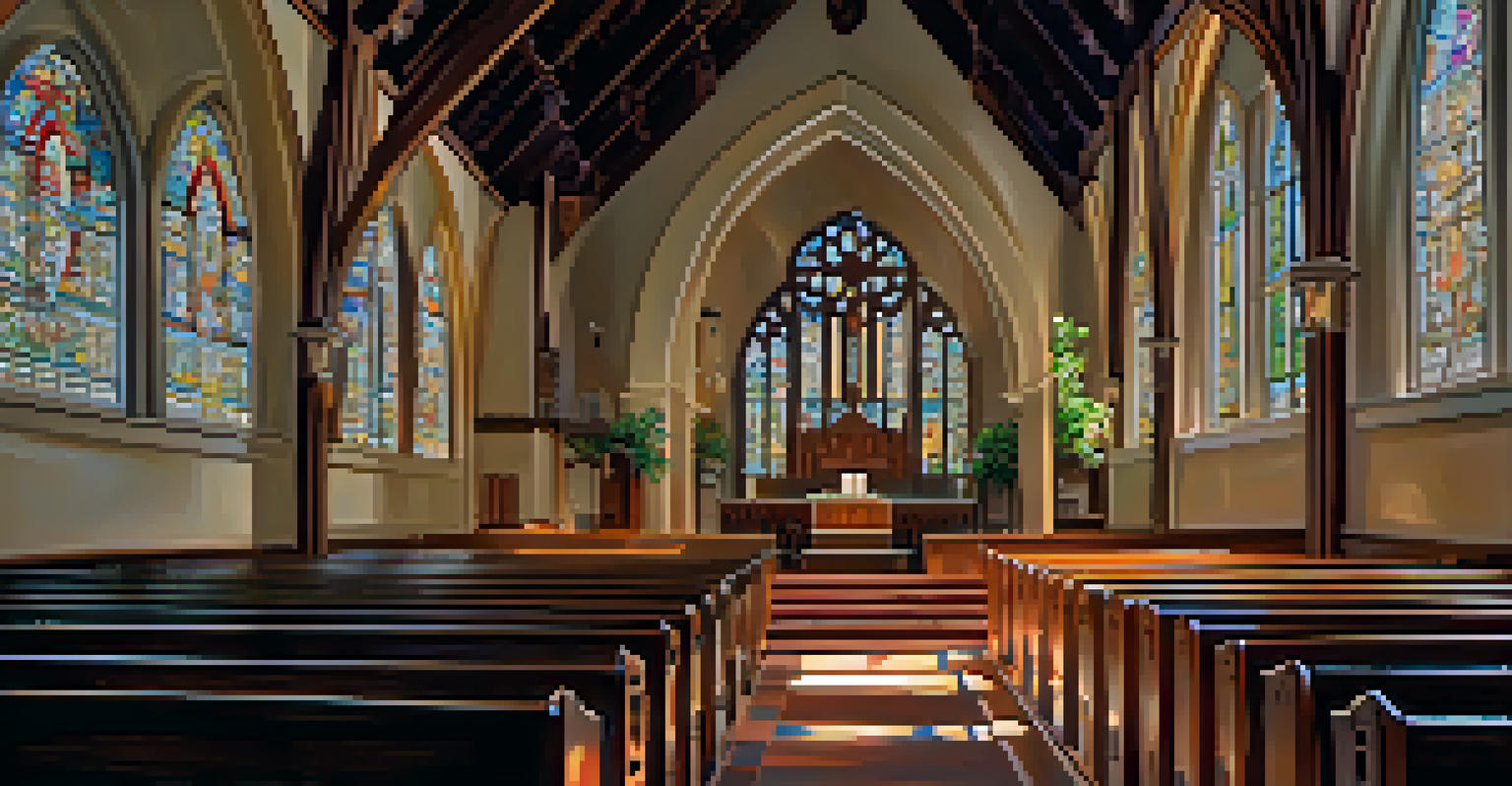 Interior view of a historic Pasadena church with colorful stained glass windows and detailed wooden architecture.