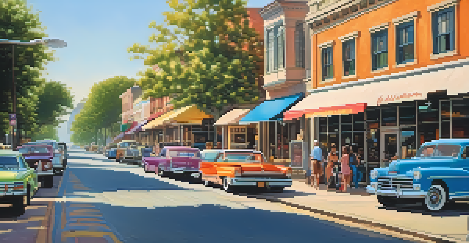 A lively 1980s street scene in Pasadena featuring the iconic clock tower and vintage cars.