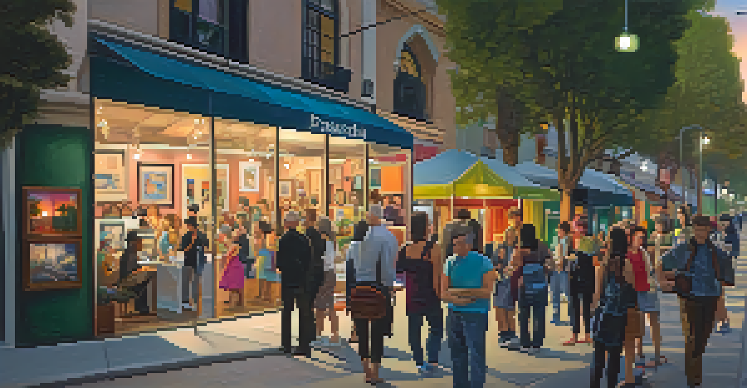 A vibrant ArtNight event in Pasadena with people exploring art galleries, colorful artworks, and festive lights during twilight.