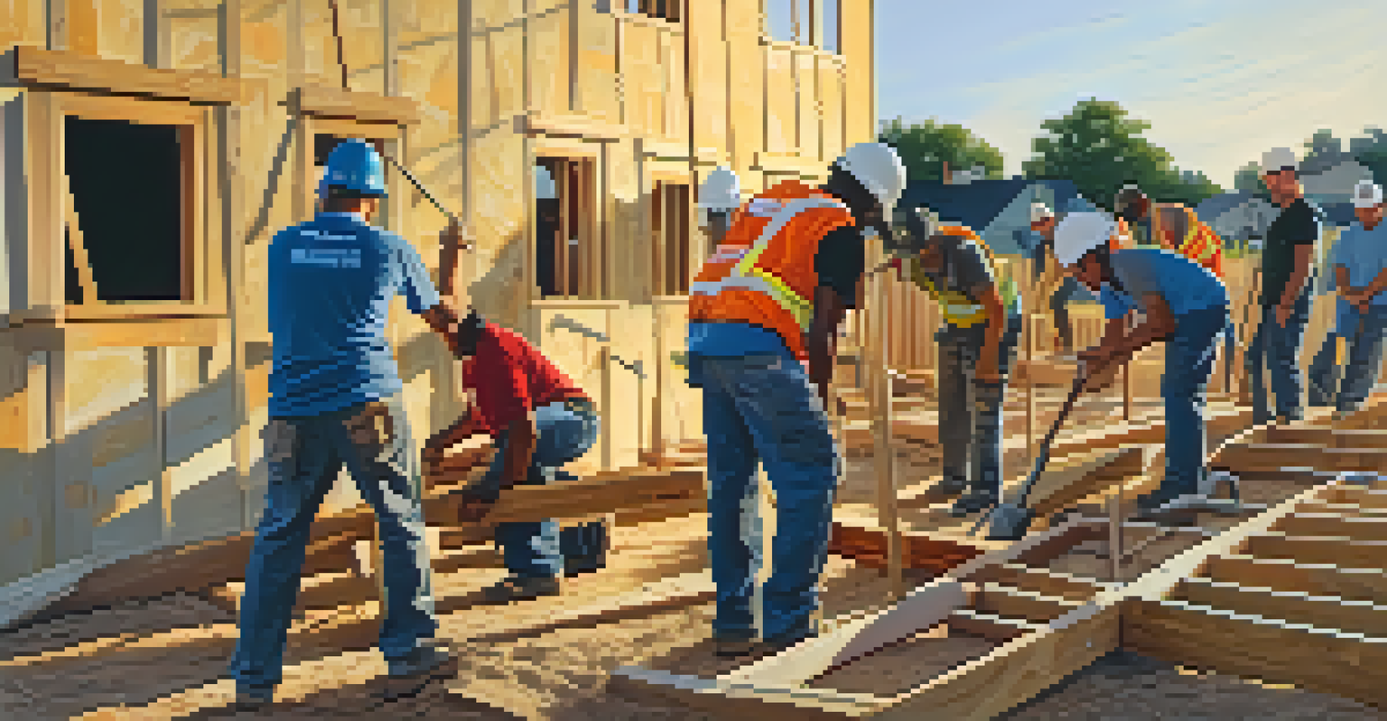 Volunteers working together on a construction site to build homes for families.