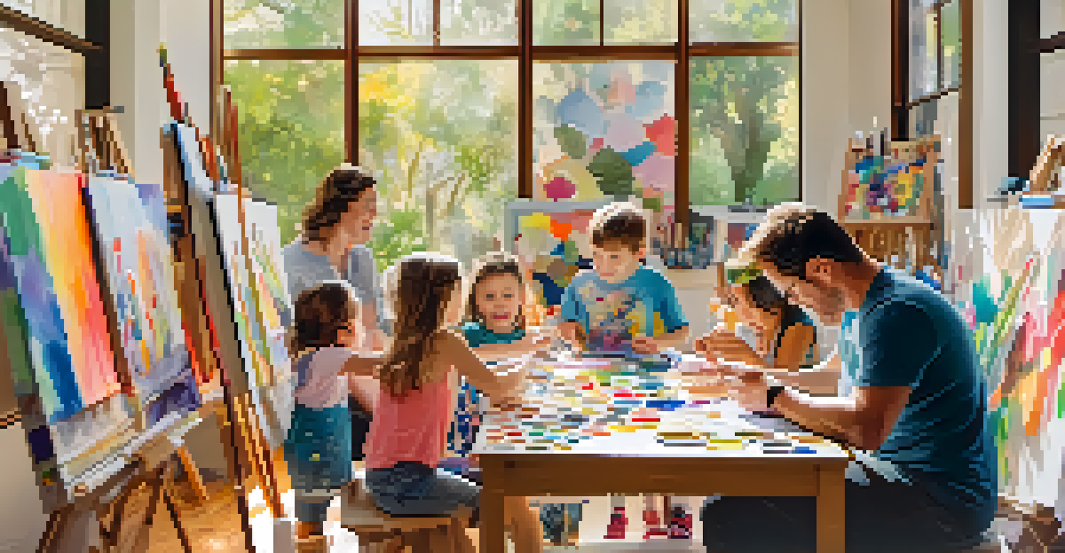 A family engaging in a hands-on art workshop during Pasadena's Art Walk, with children creating artwork and parents encouraging them.
