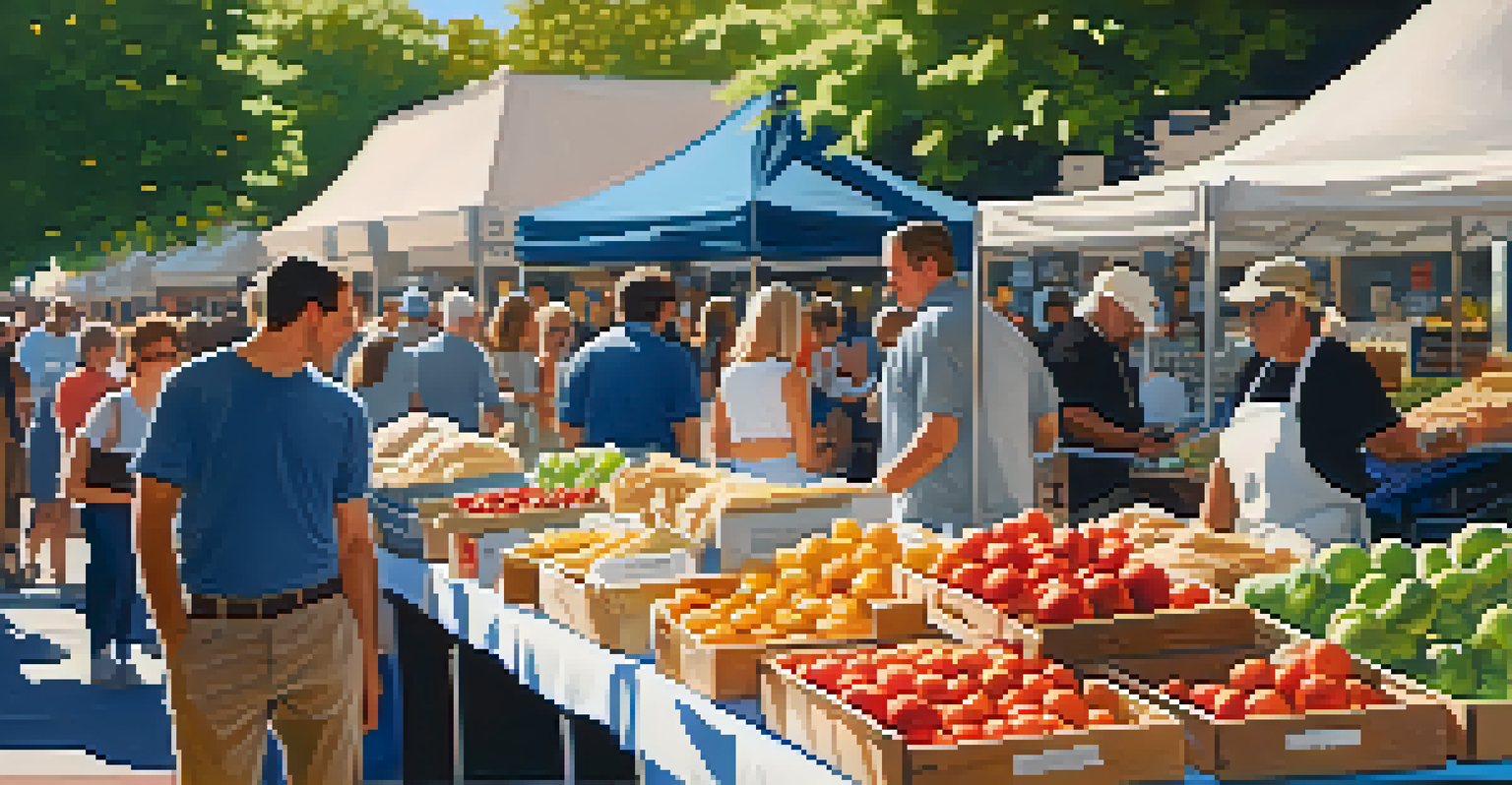 A quiet farmers' market with a vendor sharing stories about produce, featuring heirloom tomatoes and artisanal bread under morning sunlight.
