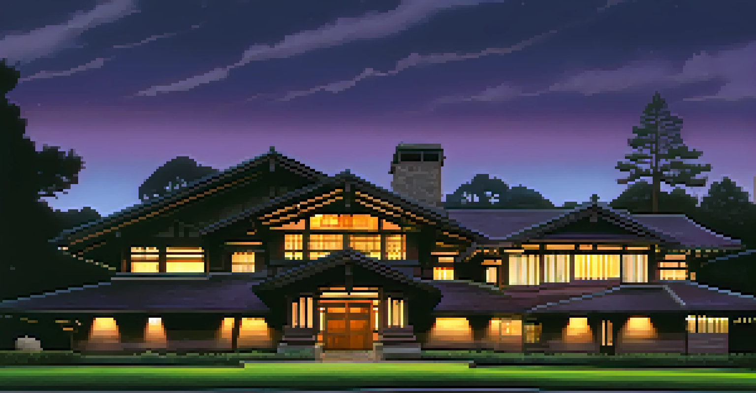 The Gamble House in Pasadena at dusk, showcasing its dark wooden architecture with warm lights and a twilight sky.