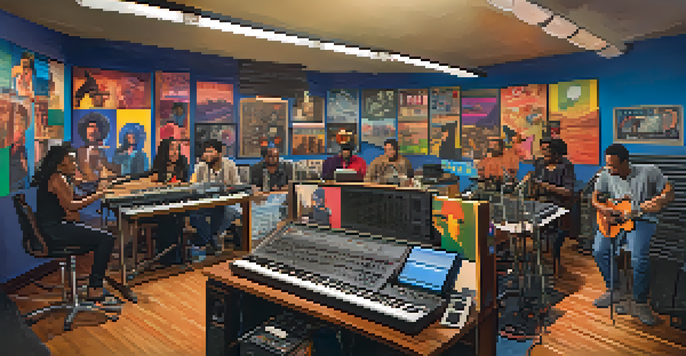 A lively community radio studio with diverse people broadcasting live, surrounded by colorful posters and sound equipment.