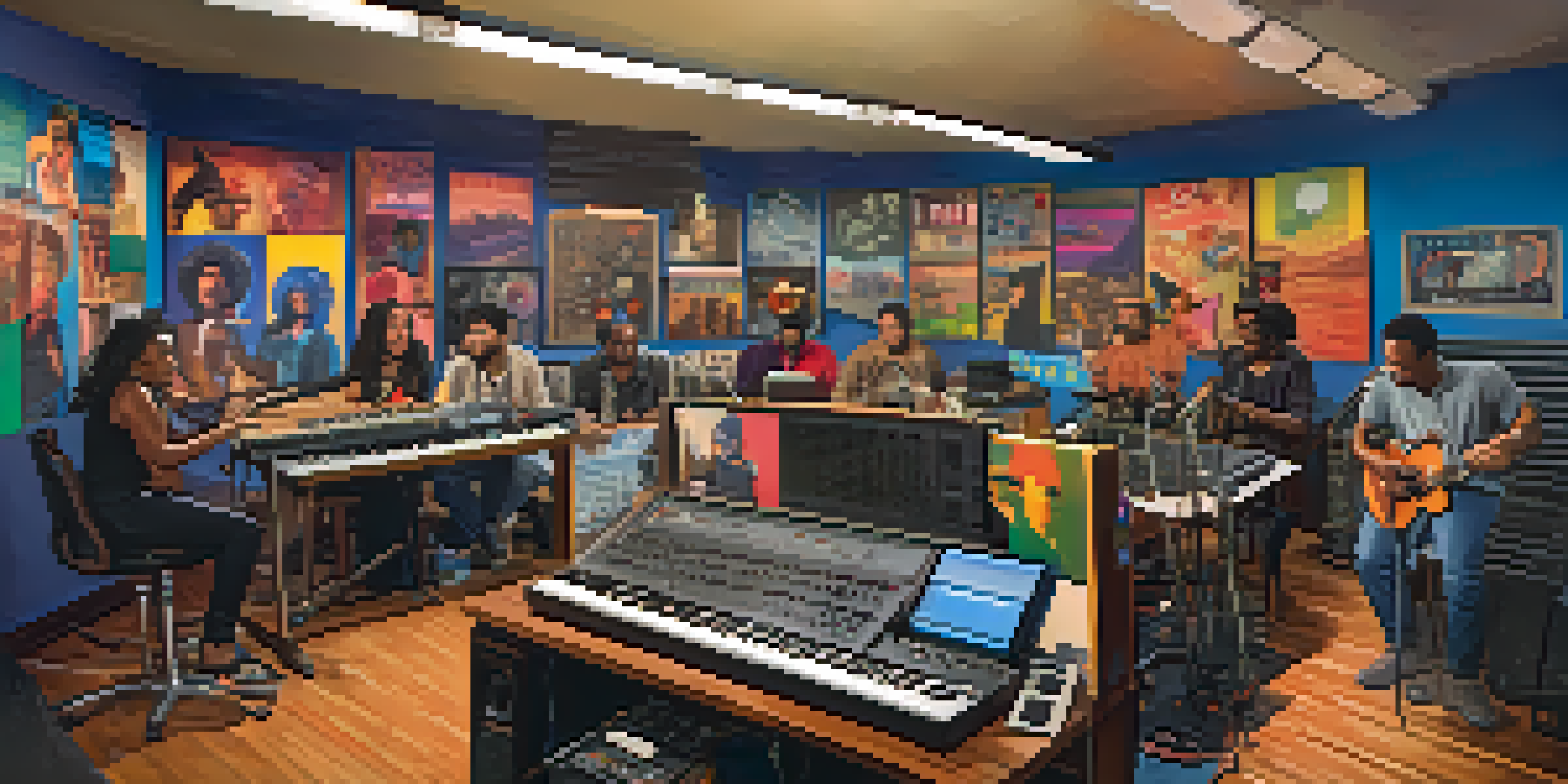 A lively community radio studio with diverse people broadcasting live, surrounded by colorful posters and sound equipment.