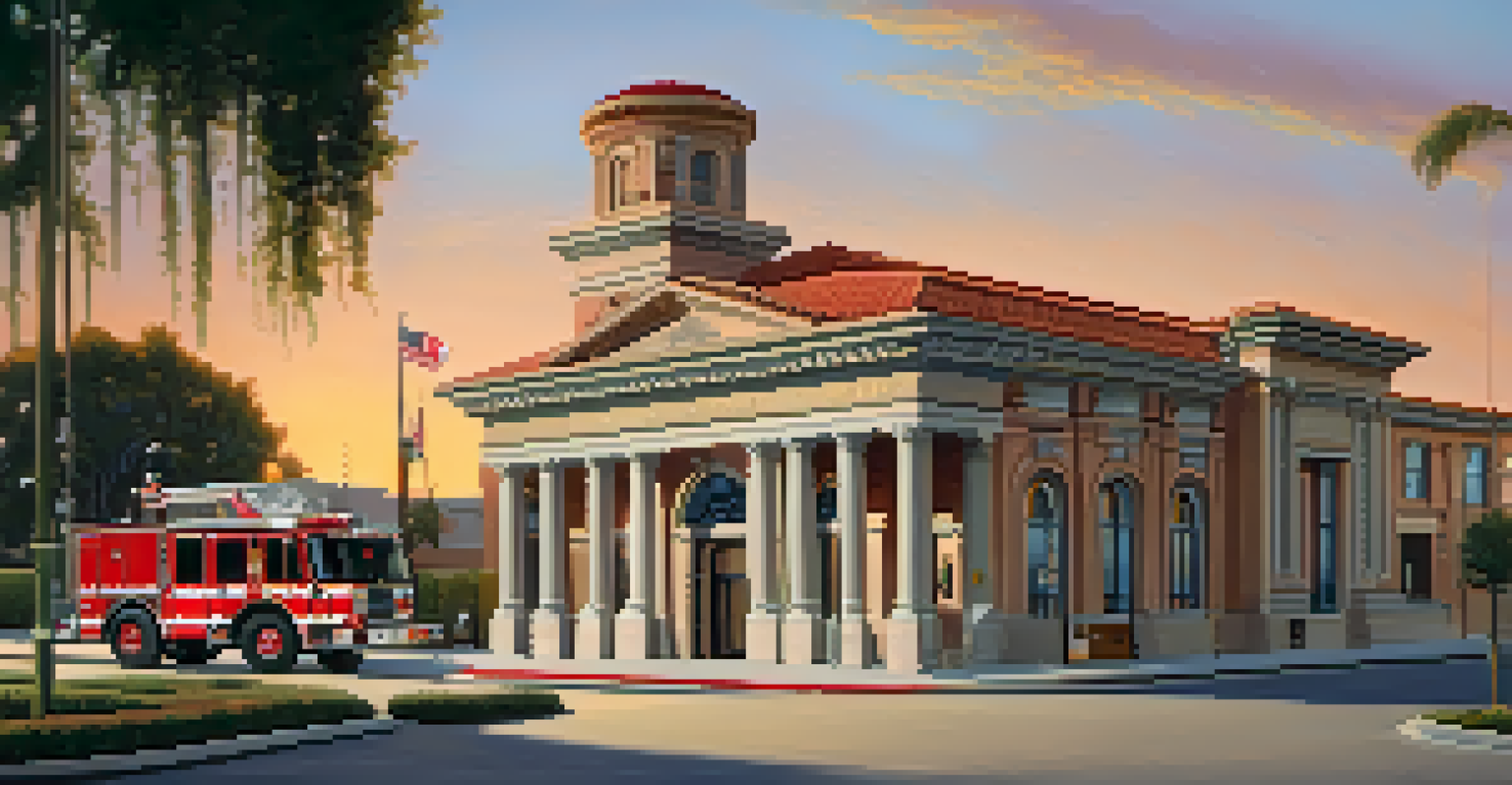 A Beaux-Arts fire station in Pasadena with grand columns and intricate details, set against a colorful sunset.