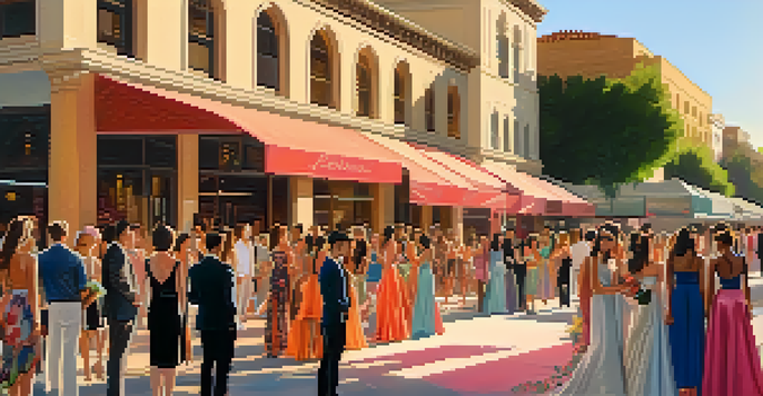 A colorful street scene in Pasadena during a local fashion event, with designers showcasing their collections on a runway surrounded by floral decorations and historic buildings.
