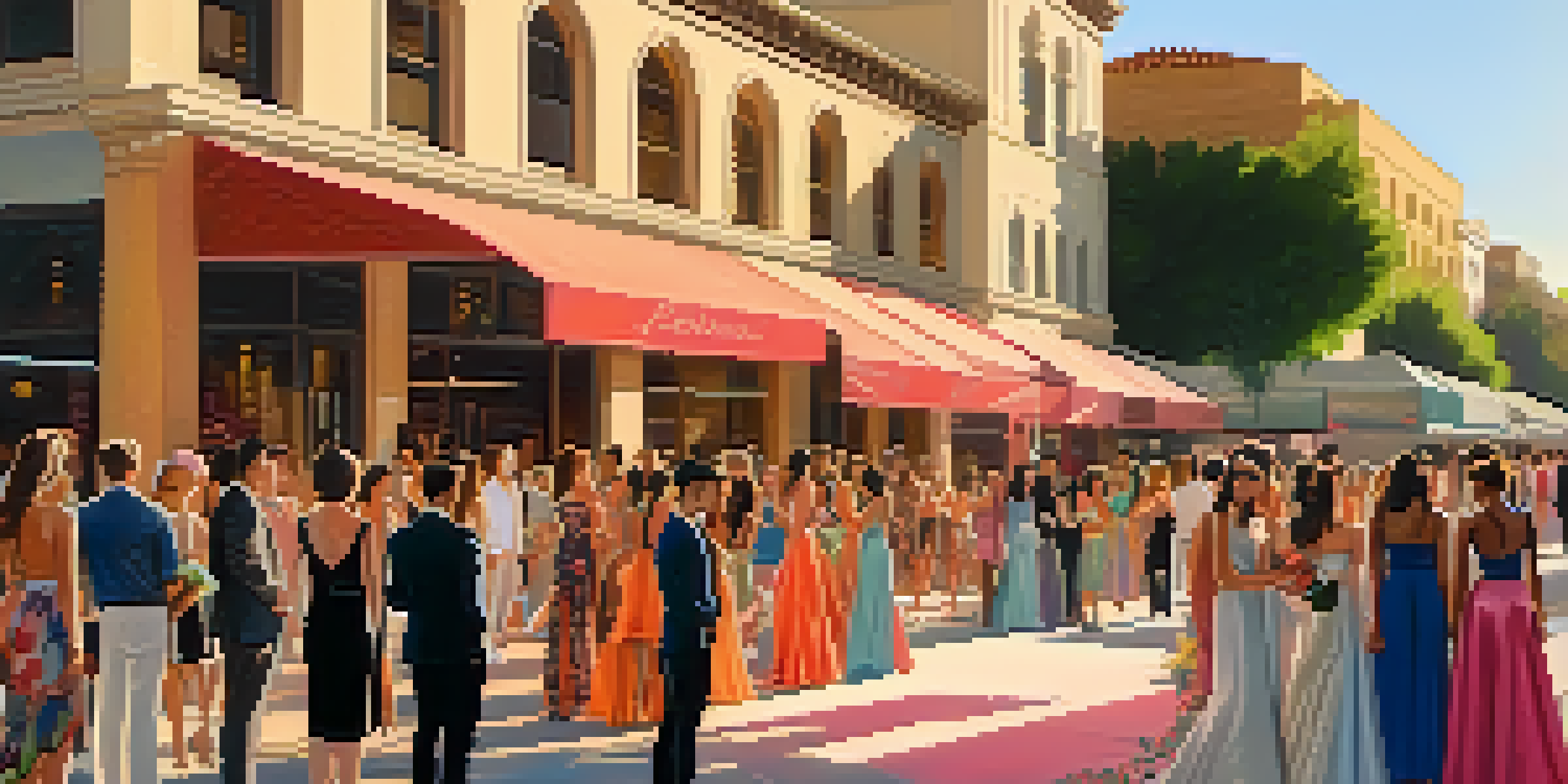 A colorful street scene in Pasadena during a local fashion event, with designers showcasing their collections on a runway surrounded by floral decorations and historic buildings.