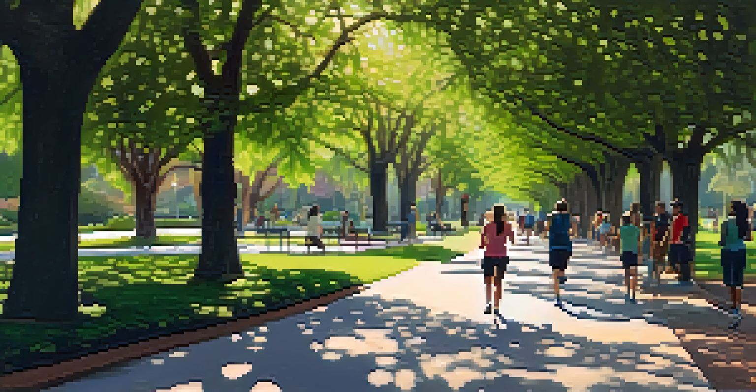 Tree-lined path in an urban park with benches and people jogging in Pasadena.