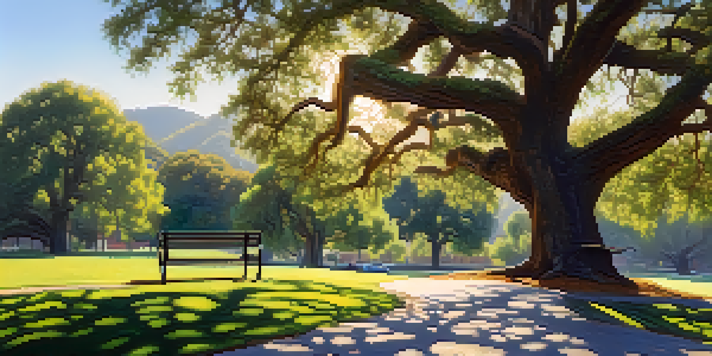 A sunny urban park in Pasadena with a large Valley Oak tree providing shade over a picnic area, surrounded by vibrant wildflowers.