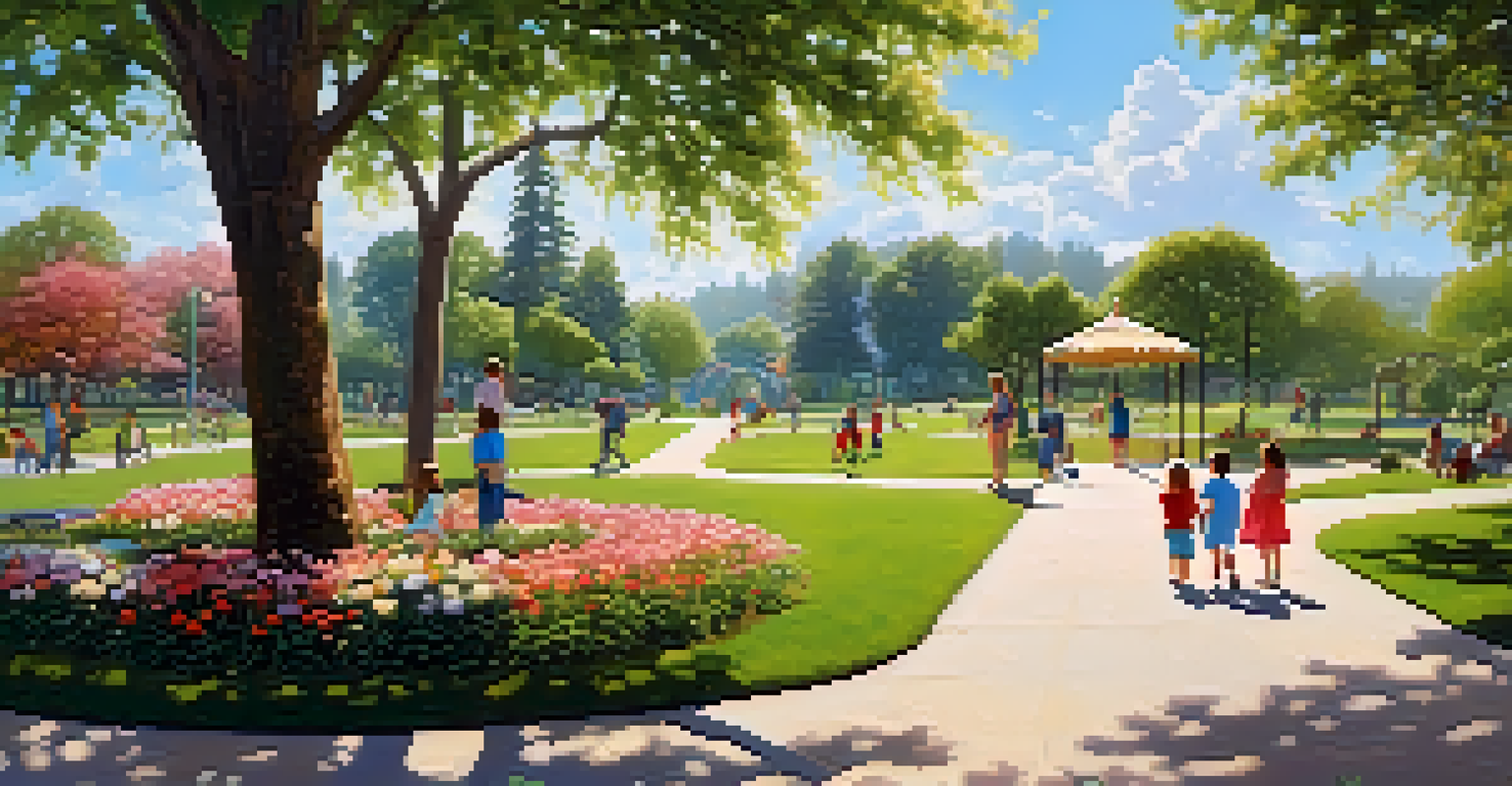 Families and children enjoying a sunny day in Memorial Park near Bungalow Heaven, with playgrounds and lush greenery.