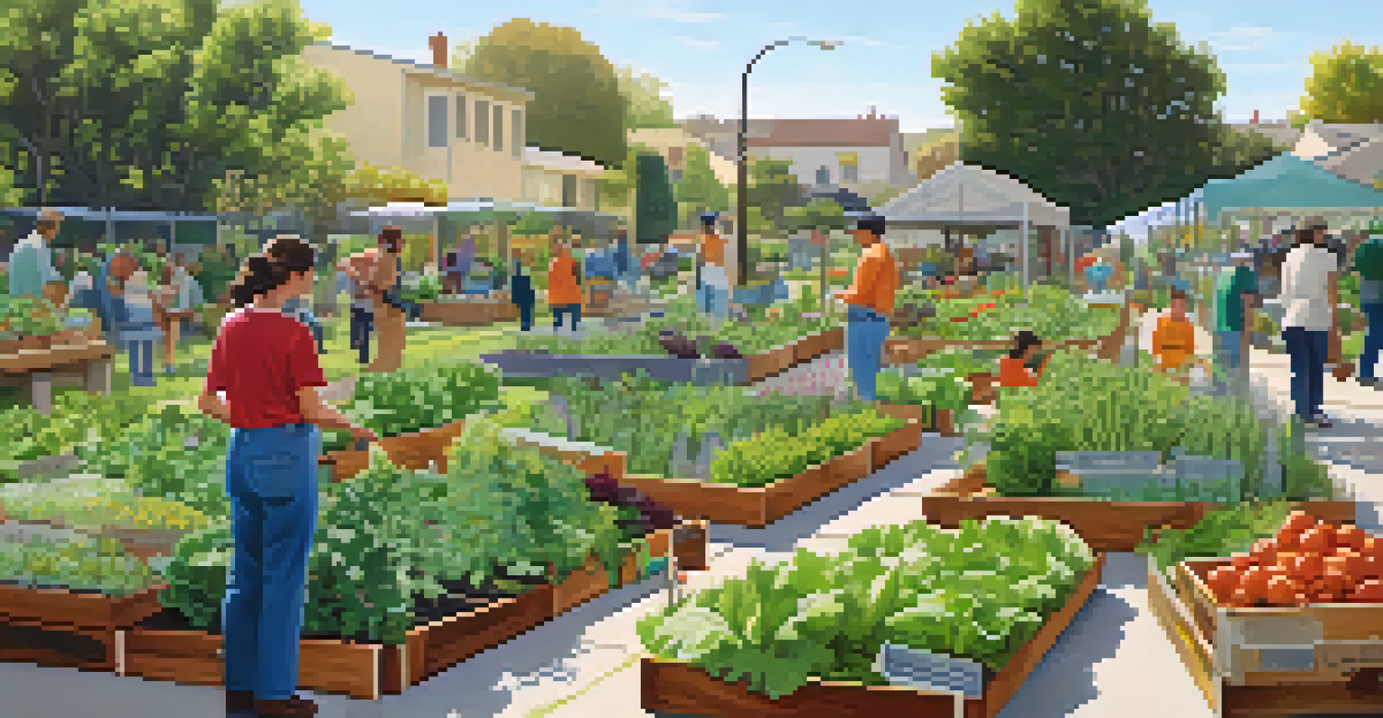 A vibrant community garden in Pasadena with residents tending to vegetables and herbs, surrounded by bees and butterflies.