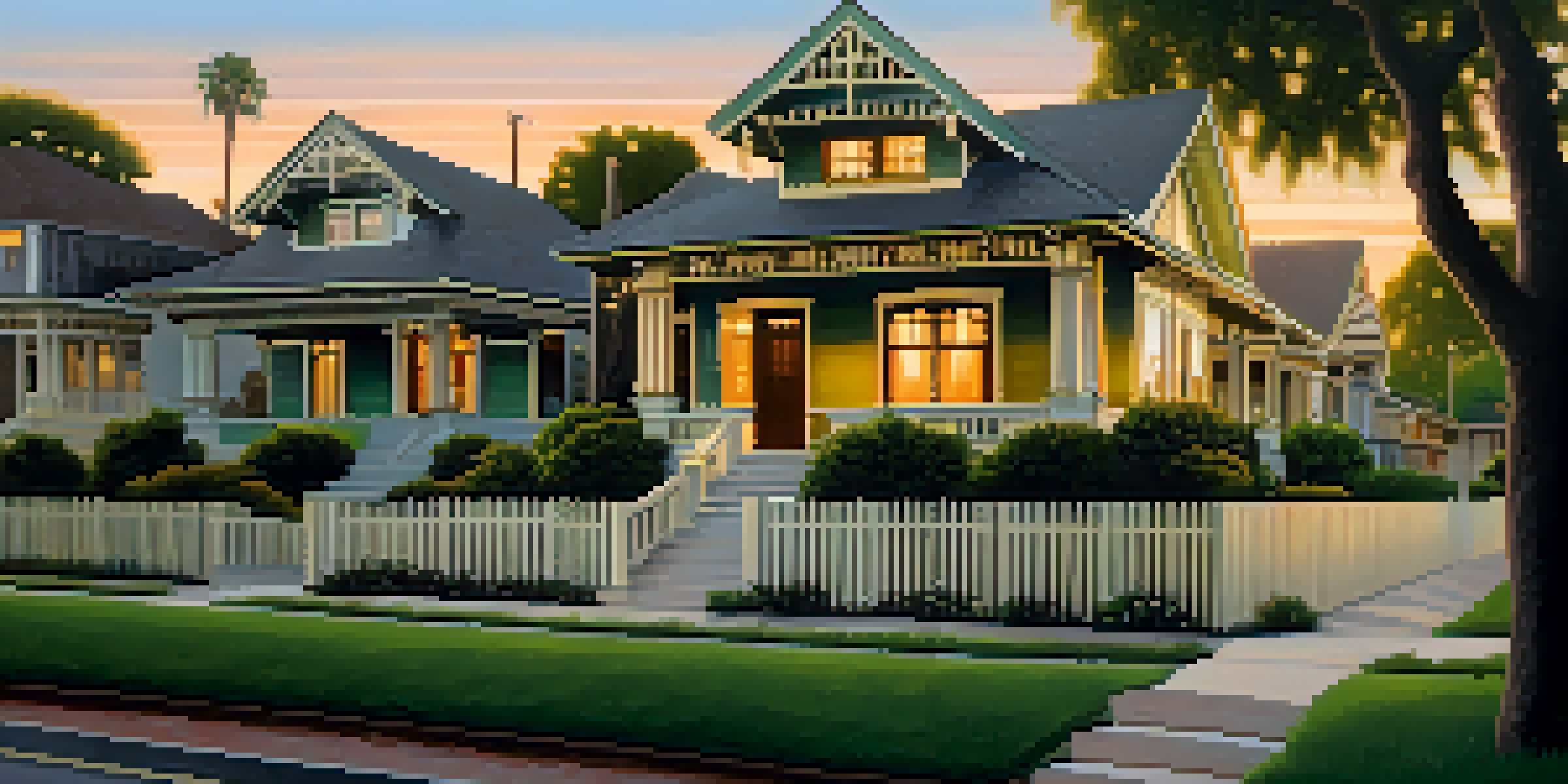 A scenic view of Pasadena's historic neighborhood featuring Craftsman bungalows and sunset lighting.