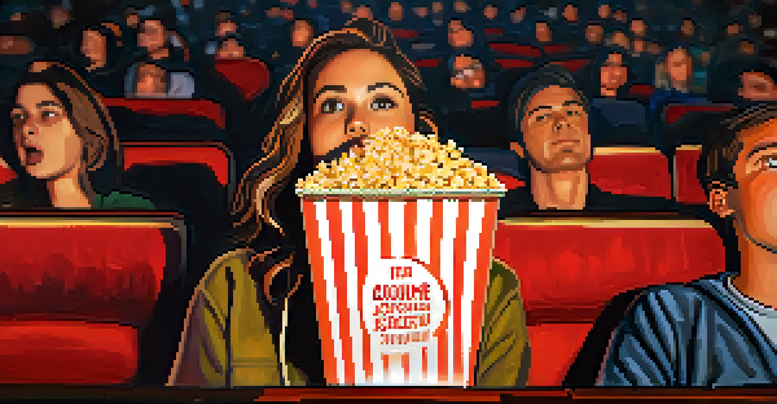 A close-up of a film festival attendee enjoying popcorn while watching a movie in a dimly lit theater.