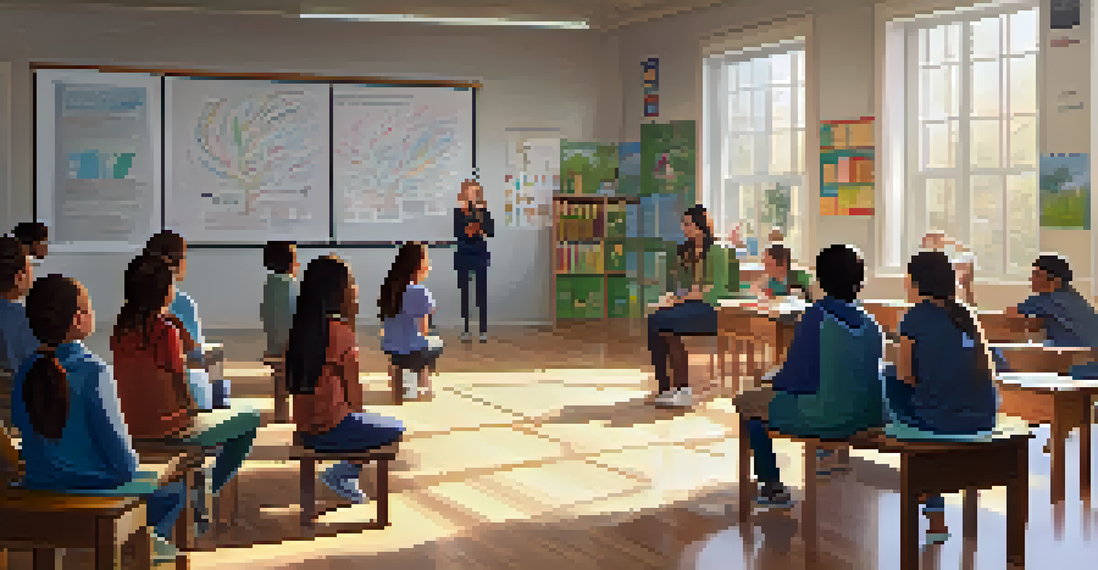 A classroom workshop on mental health, with students sitting in a circle and a teacher presenting, surrounded by educational posters.