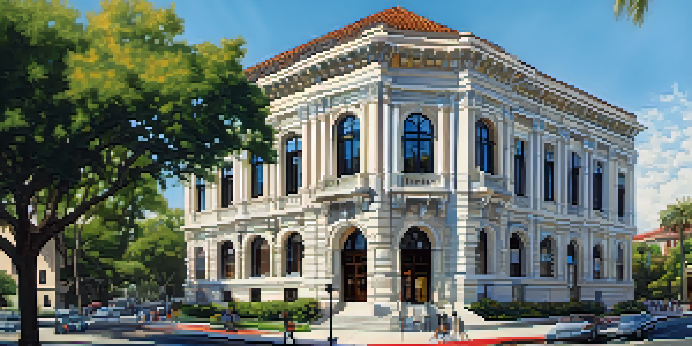 Historic city hall in Pasadena with classic architecture and modern features, surrounded by greenery and people.