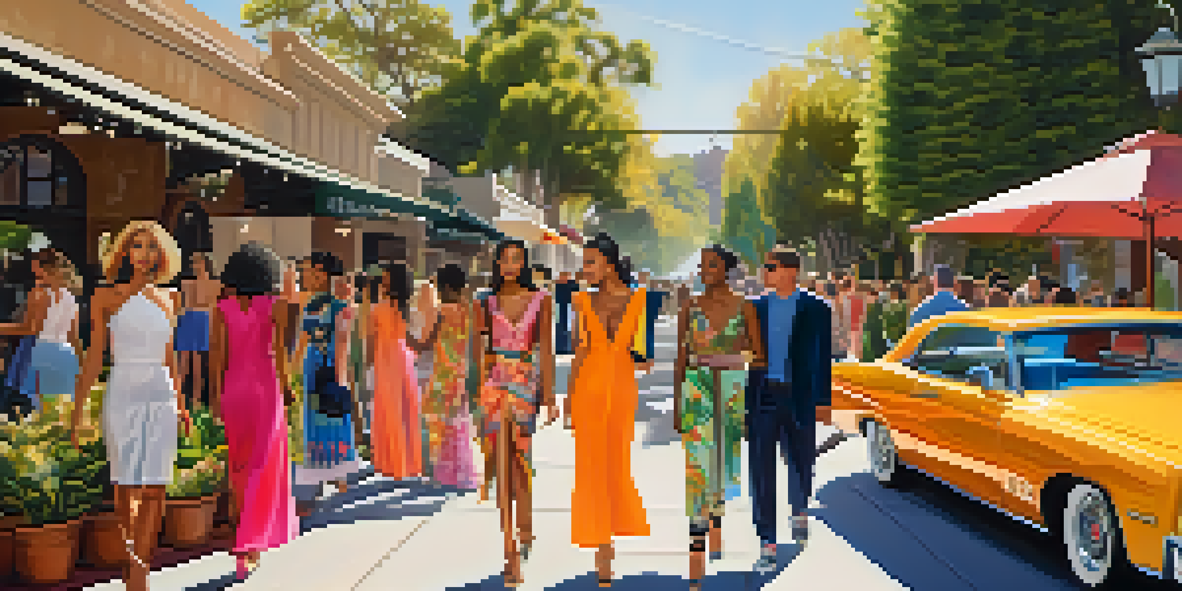 A lively street scene in Pasadena with models in colorful outfits, surrounded by Craftsman architecture and gardens, under sunlight.