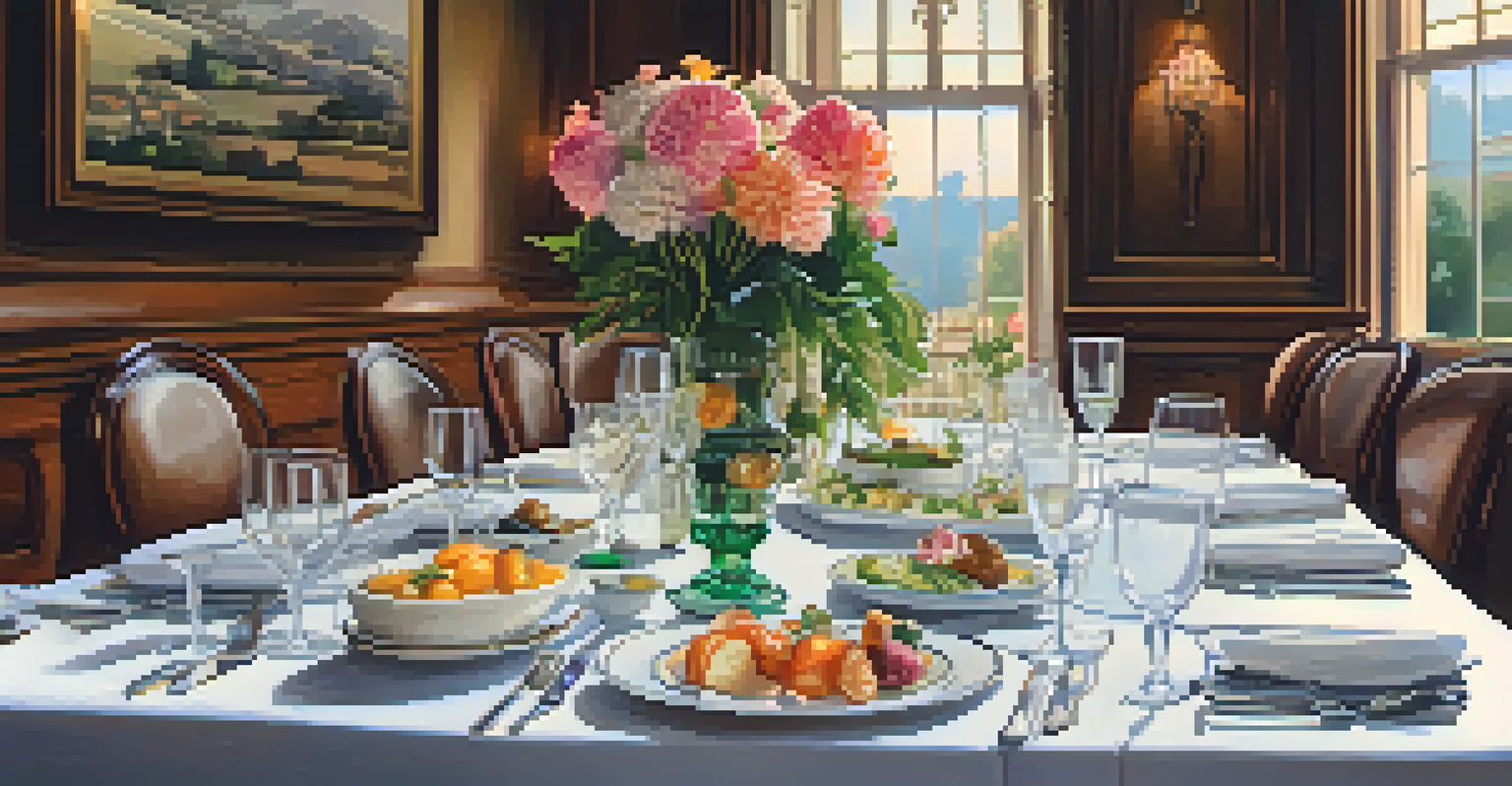 An elegantly set dining table in a Pasadena hotel restaurant with beautifully plated local cuisine and a warm atmosphere.