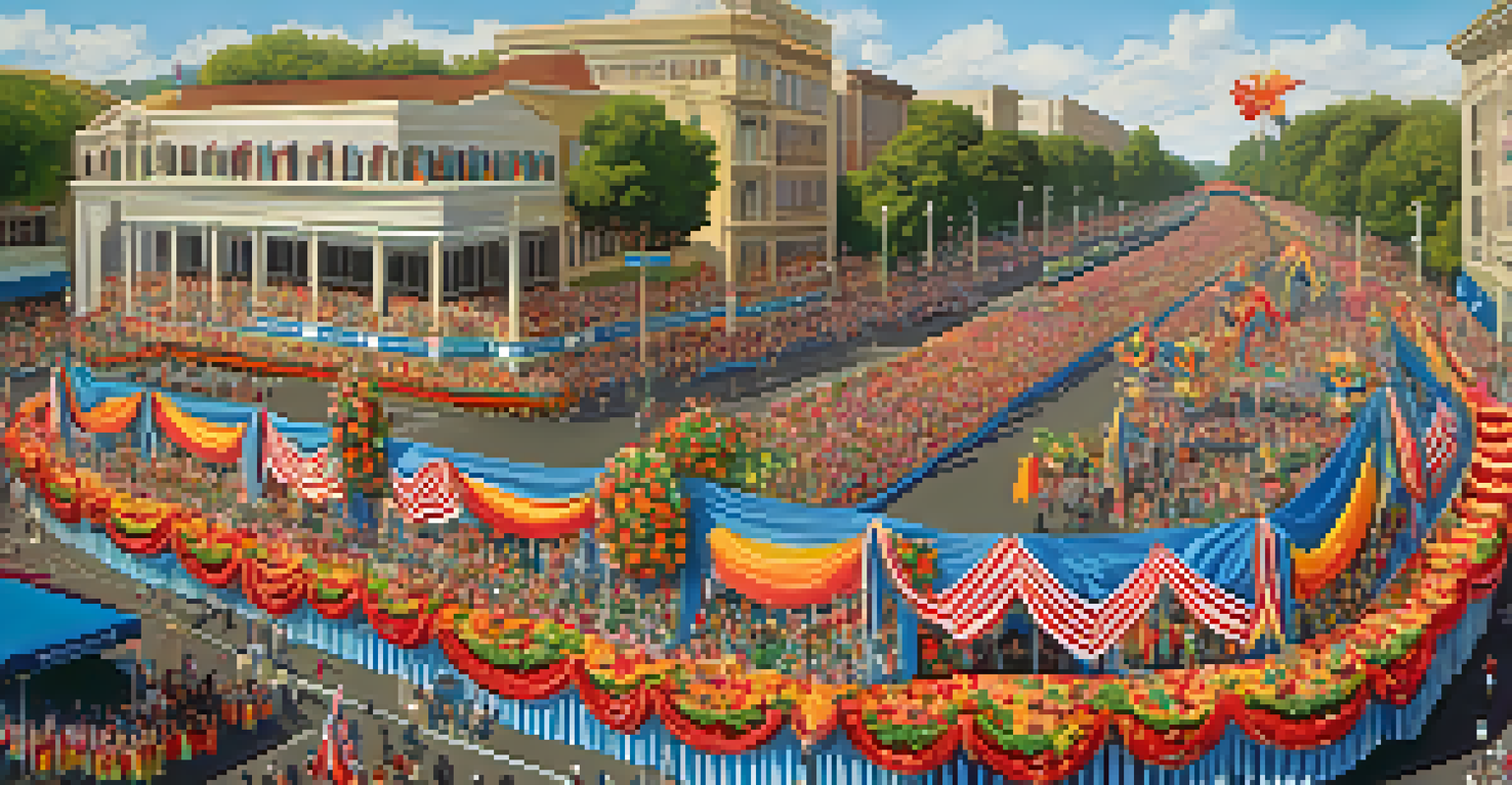 Aerial view of the Rose Parade showing colorful floats and marching bands along a bustling street filled with cheering spectators.
