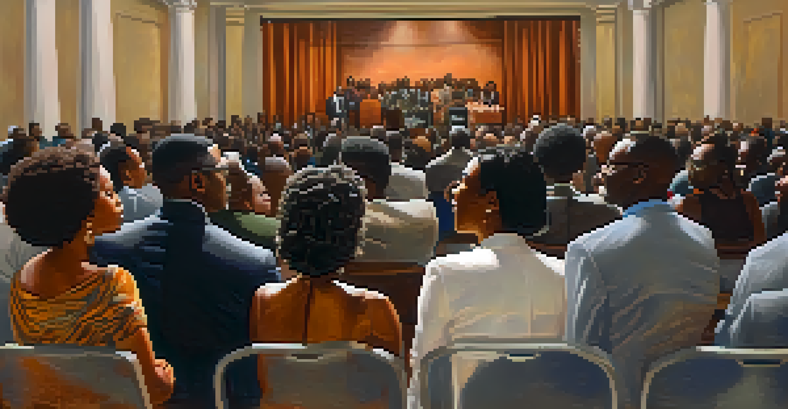 Audience members attentively listening to a speaker at the Pasadena Black History Month Celebration with cultural artwork in the background.