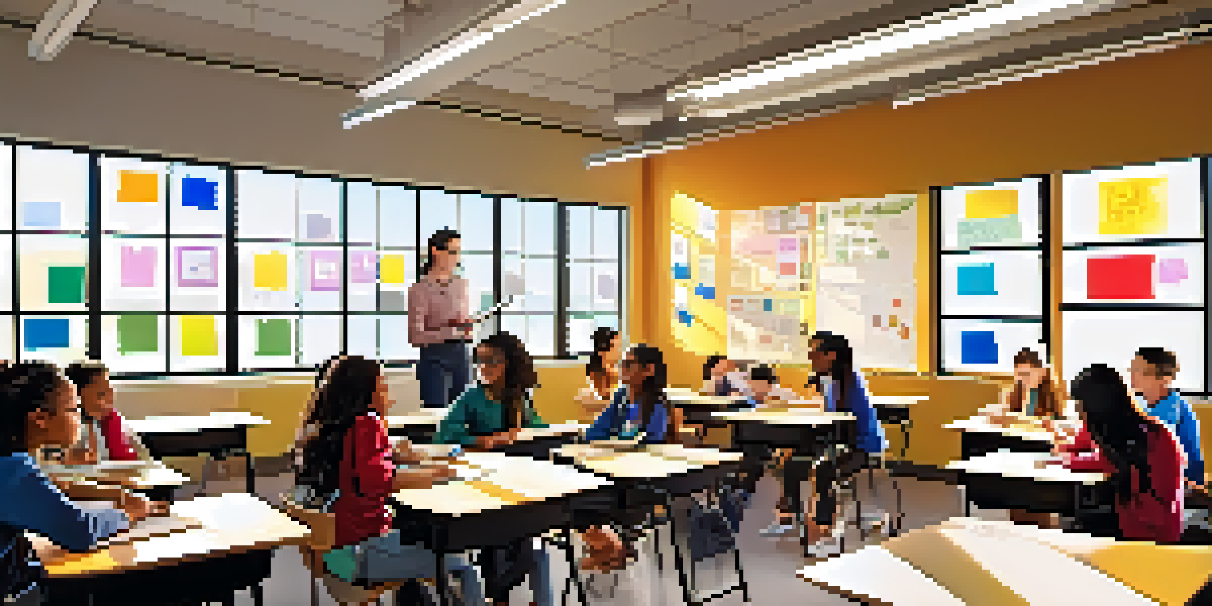 A lively classroom filled with diverse students collaborating on projects, using technology like tablets and whiteboards under bright sunlight.