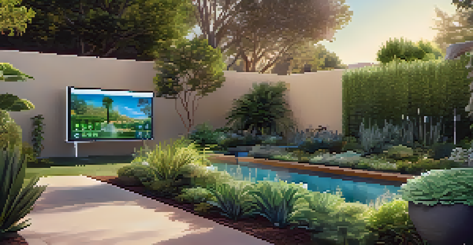 A smart irrigation system in a Pasadena garden, showing real-time water usage data on a digital screen amidst lush greenery.
