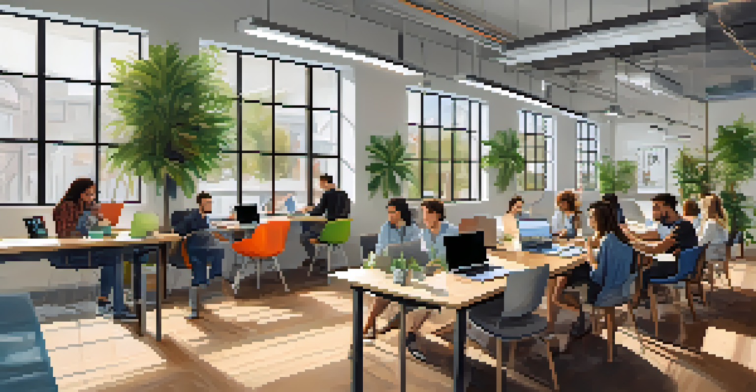 A lively co-working space in Pasadena, bustling with young professionals working on laptops and collaborating in a bright, artistic environment.