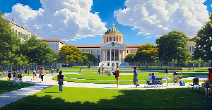 A vibrant university campus with students discussing on the lawn, surrounded by modern buildings and greenery under a blue sky.