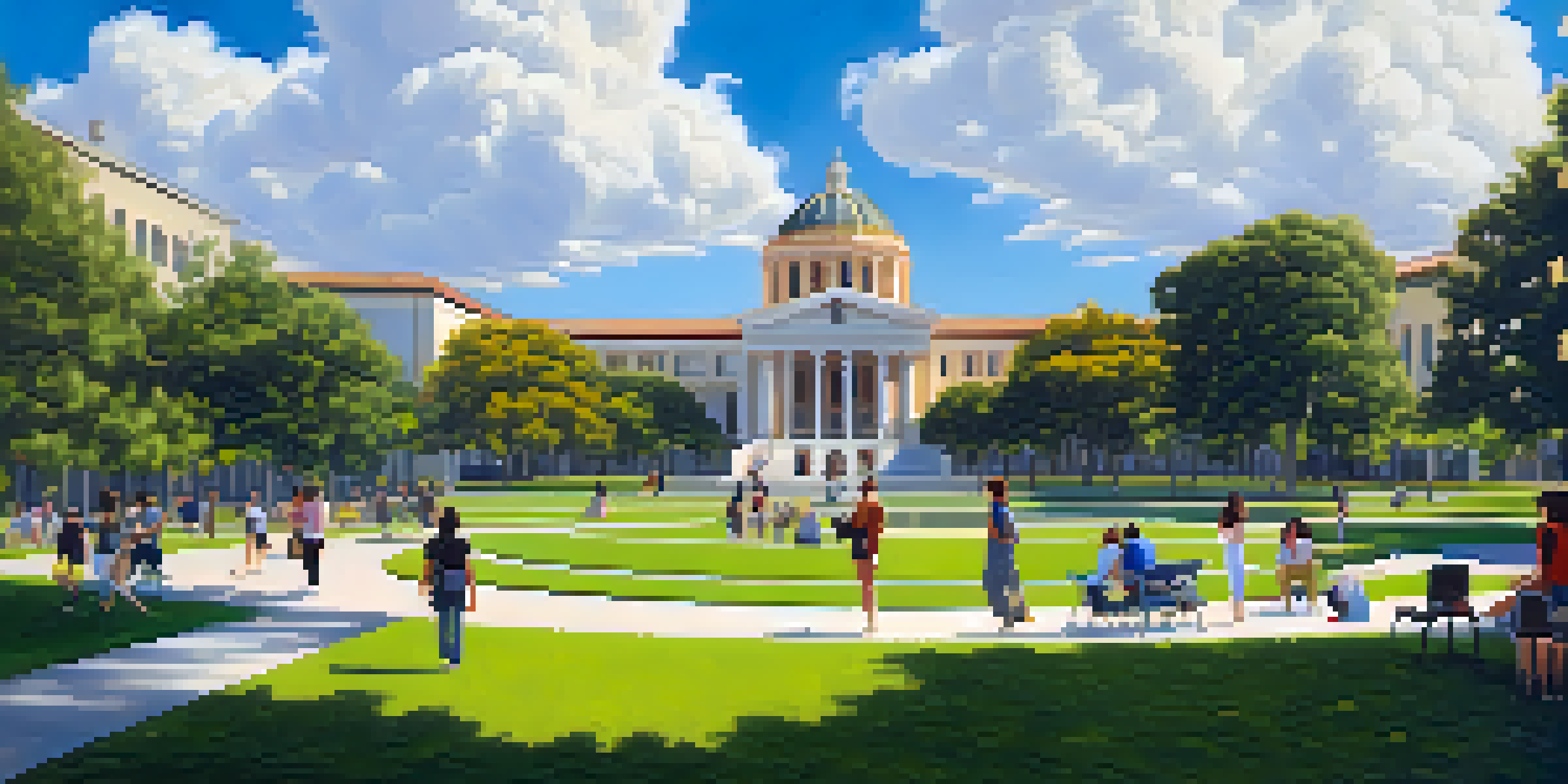 A vibrant university campus with students discussing on the lawn, surrounded by modern buildings and greenery under a blue sky.