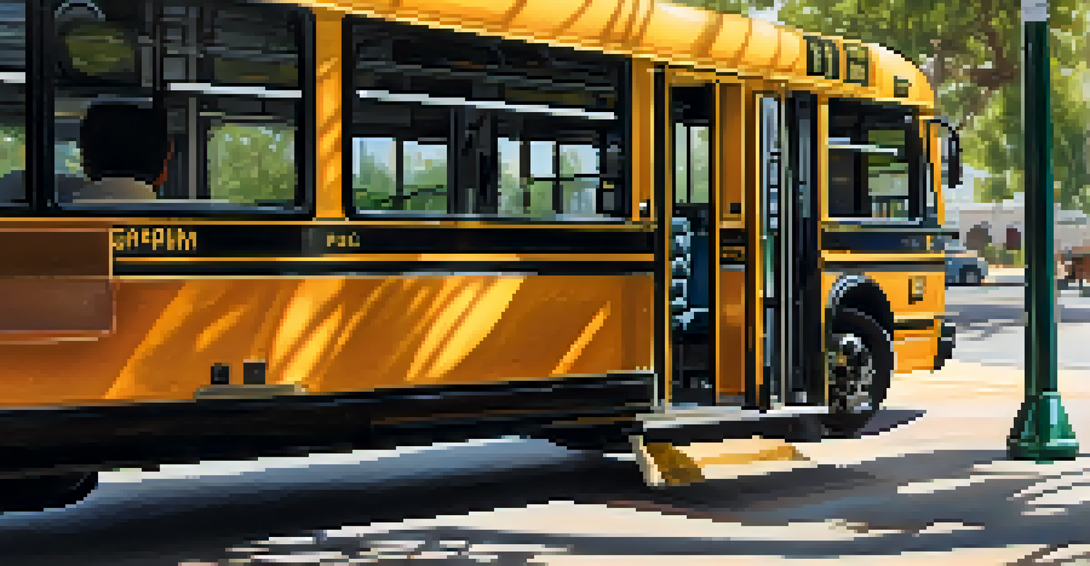 The interior of an accessible public transportation vehicle in Pasadena, showcasing spacious seating and assistive technology, illuminated by natural light at an accessible bus stop.