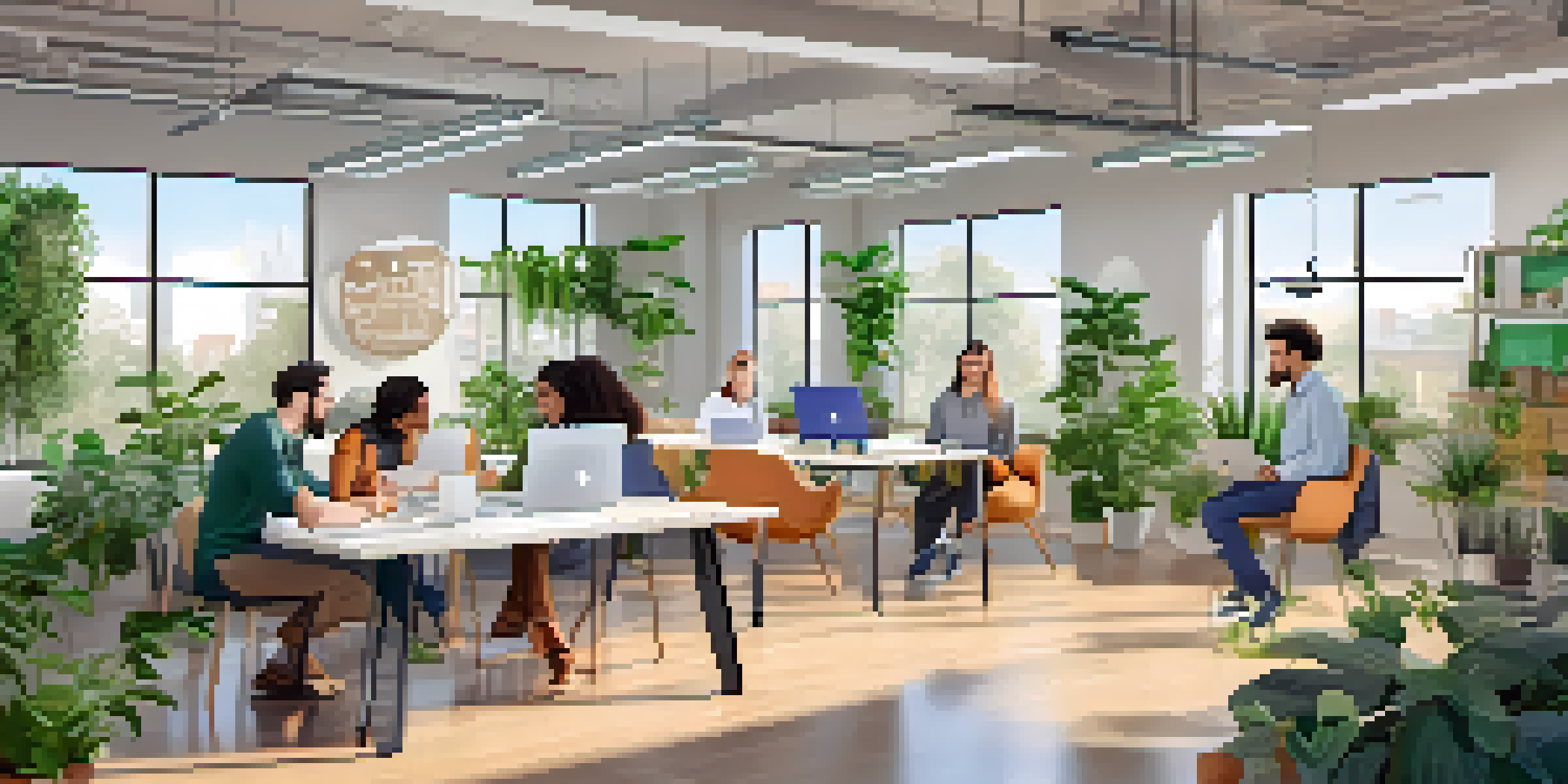 A bright co-working space where diverse entrepreneurs are collaborating on healthcare startup projects, featuring modern furniture and whiteboards filled with notes.