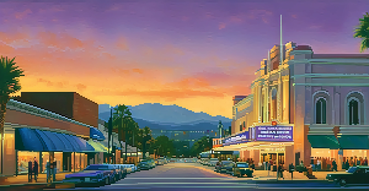 A scenic sunset view of Pasadena's architectural landscape featuring historic theaters and modern venues during the film festival.