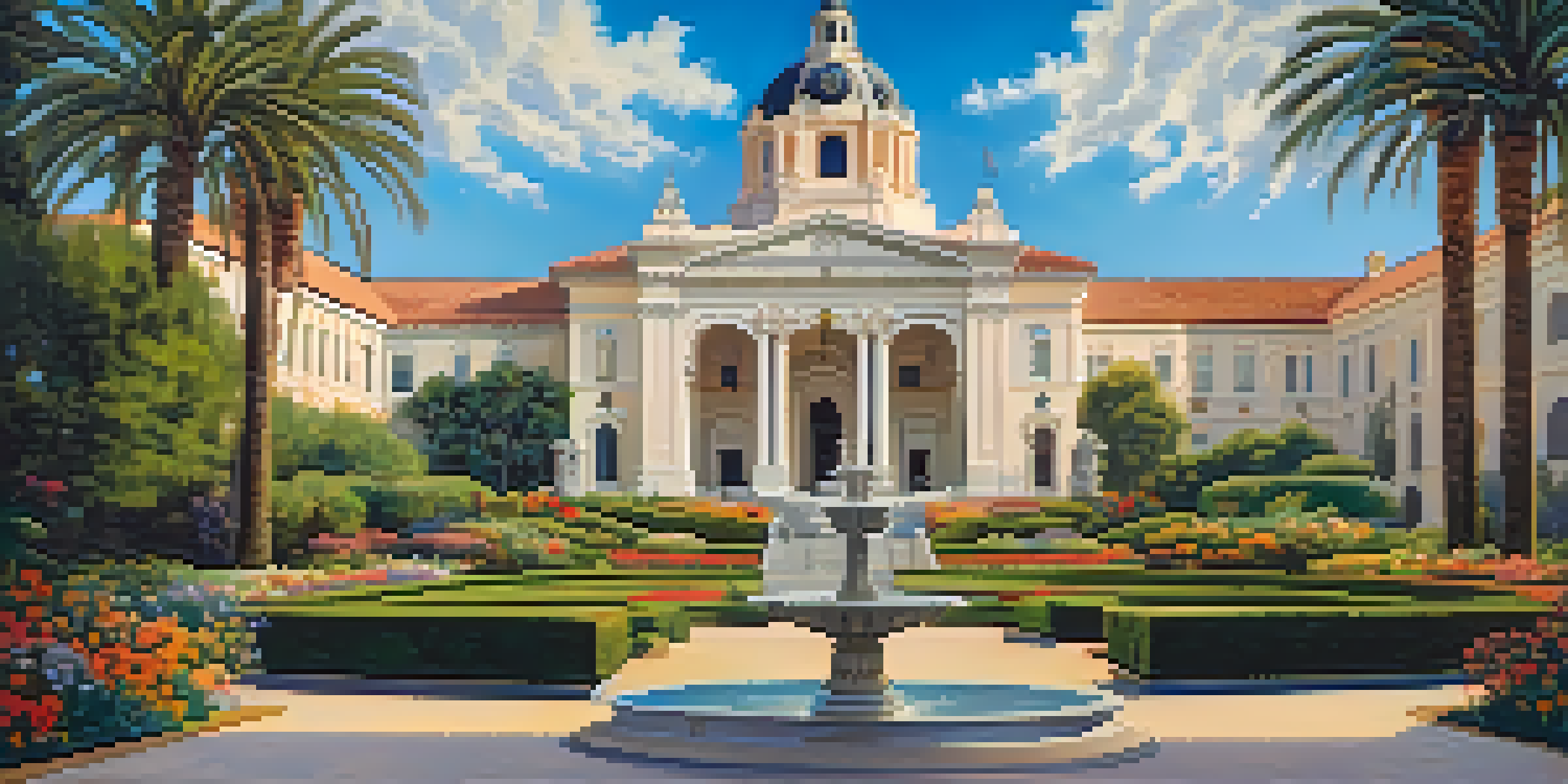 A bright and beautiful Pasadena City Hall with a dome and surrounding gardens under a clear blue sky.