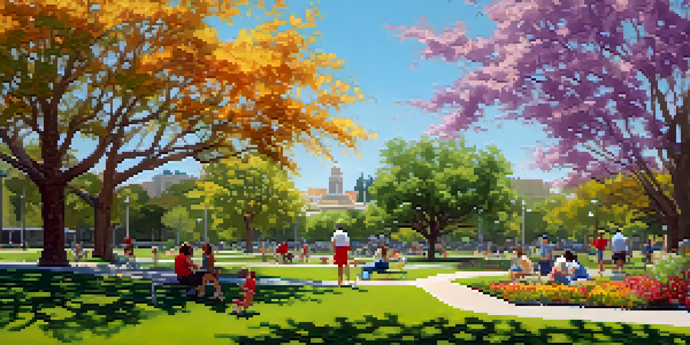 A lively community park filled with greenery, families enjoying the outdoors, and children playing.